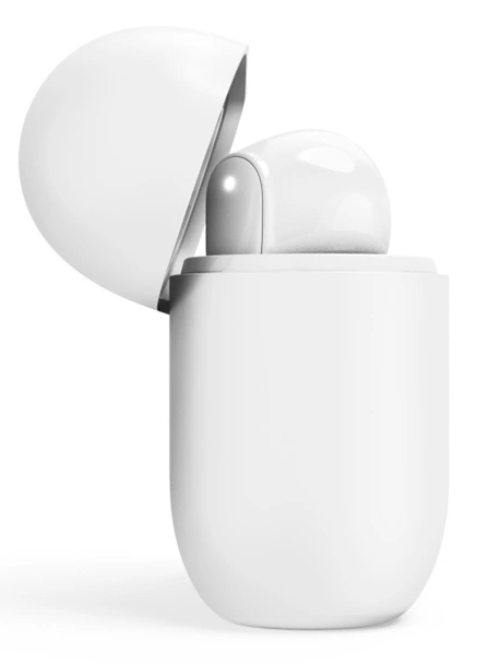 Białe etui ładujące, otwarte, z białym słuchawką w środku. Górna część jest zakrzywiona.