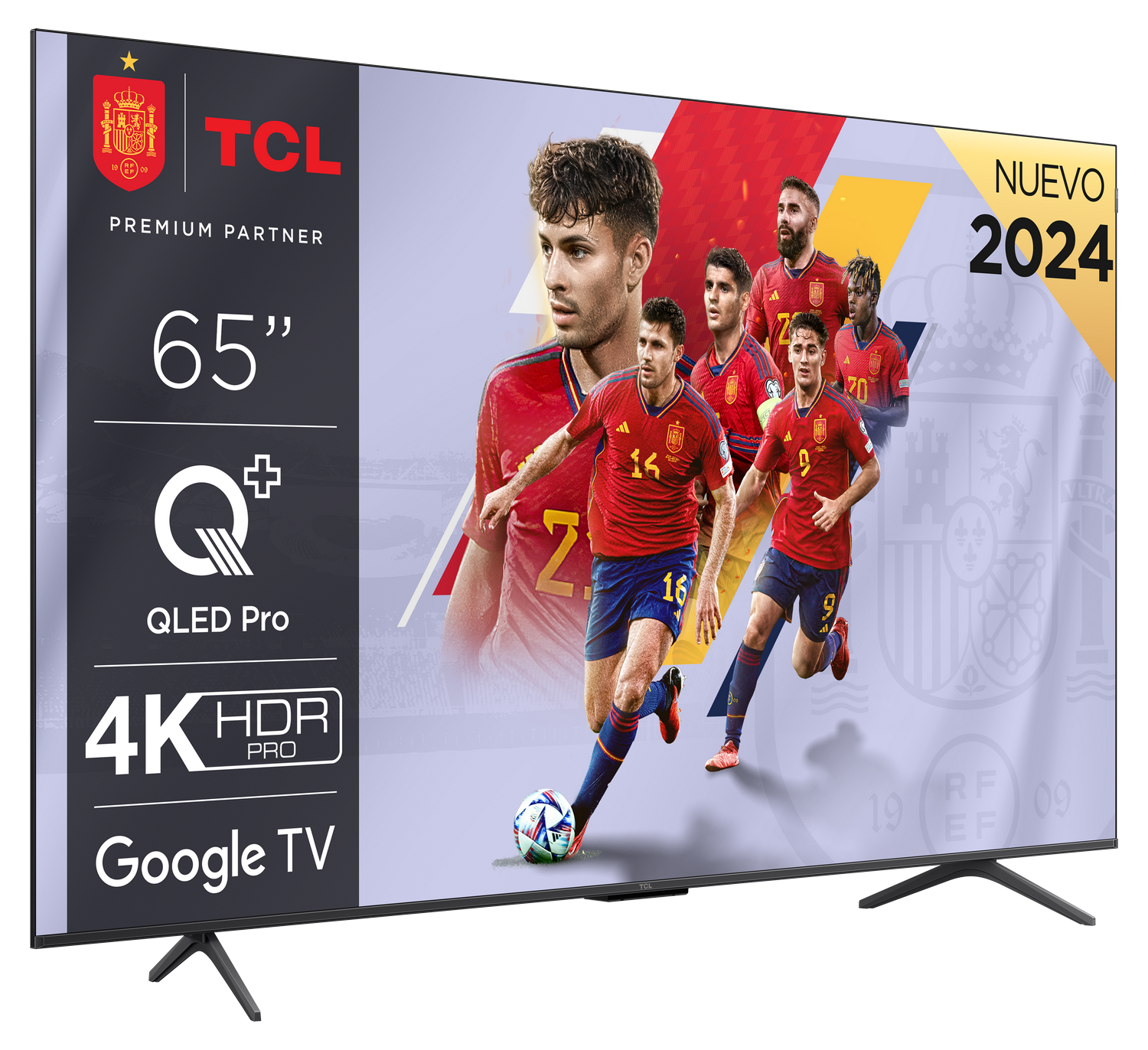 Un televisor TCL que muestra un equipo de fútbol, con los logotipos 'TCL' y '4K HDR Pro' y una etiqueta 'Nuevo 2024'.