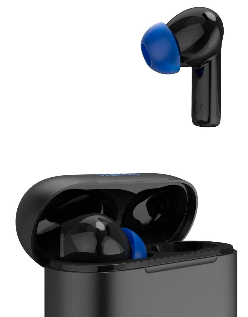 Czarne słuchawki z niebieskimi końcówkami dousznymi, w etui ładującym.