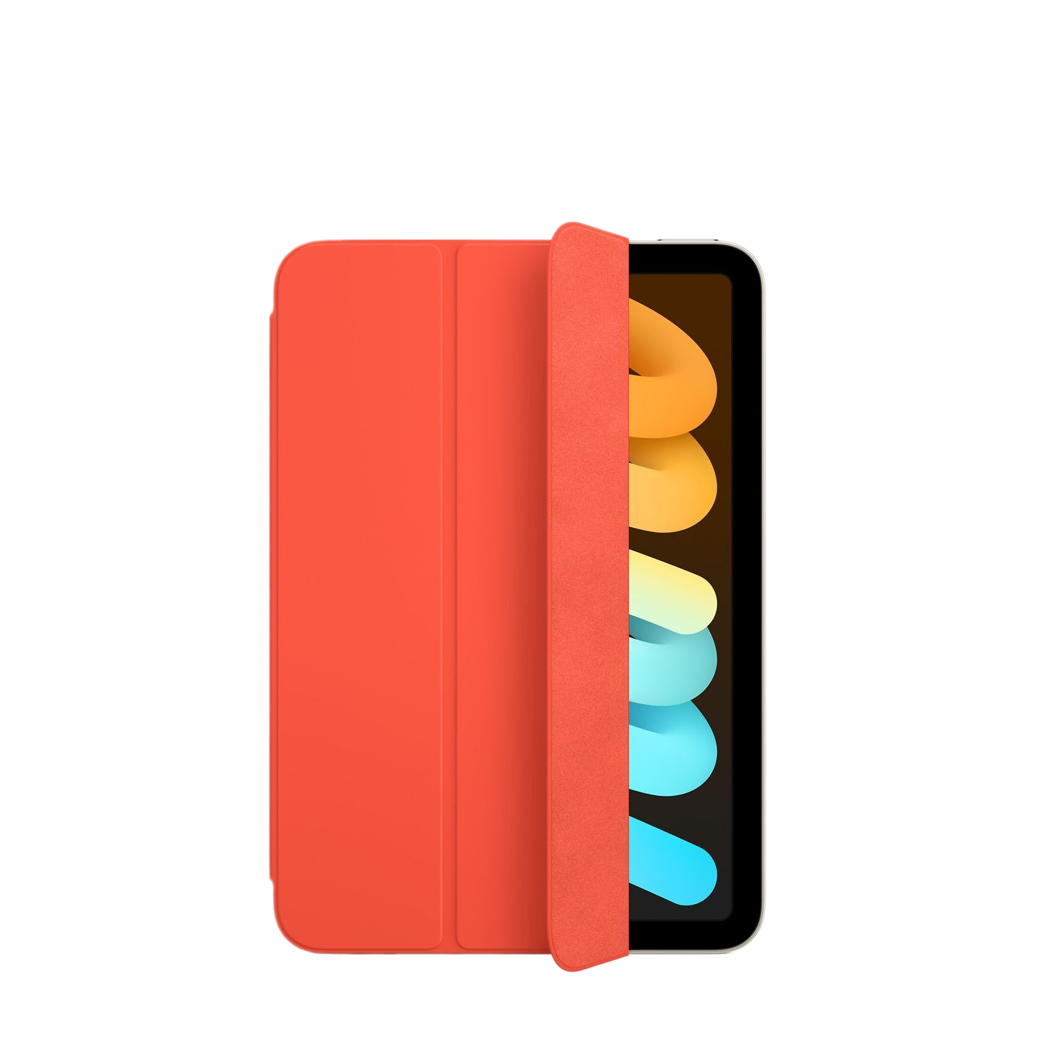 Une coque orange pour iPad Mini avec le rabat avant partiellement ouvert, fond noir.
