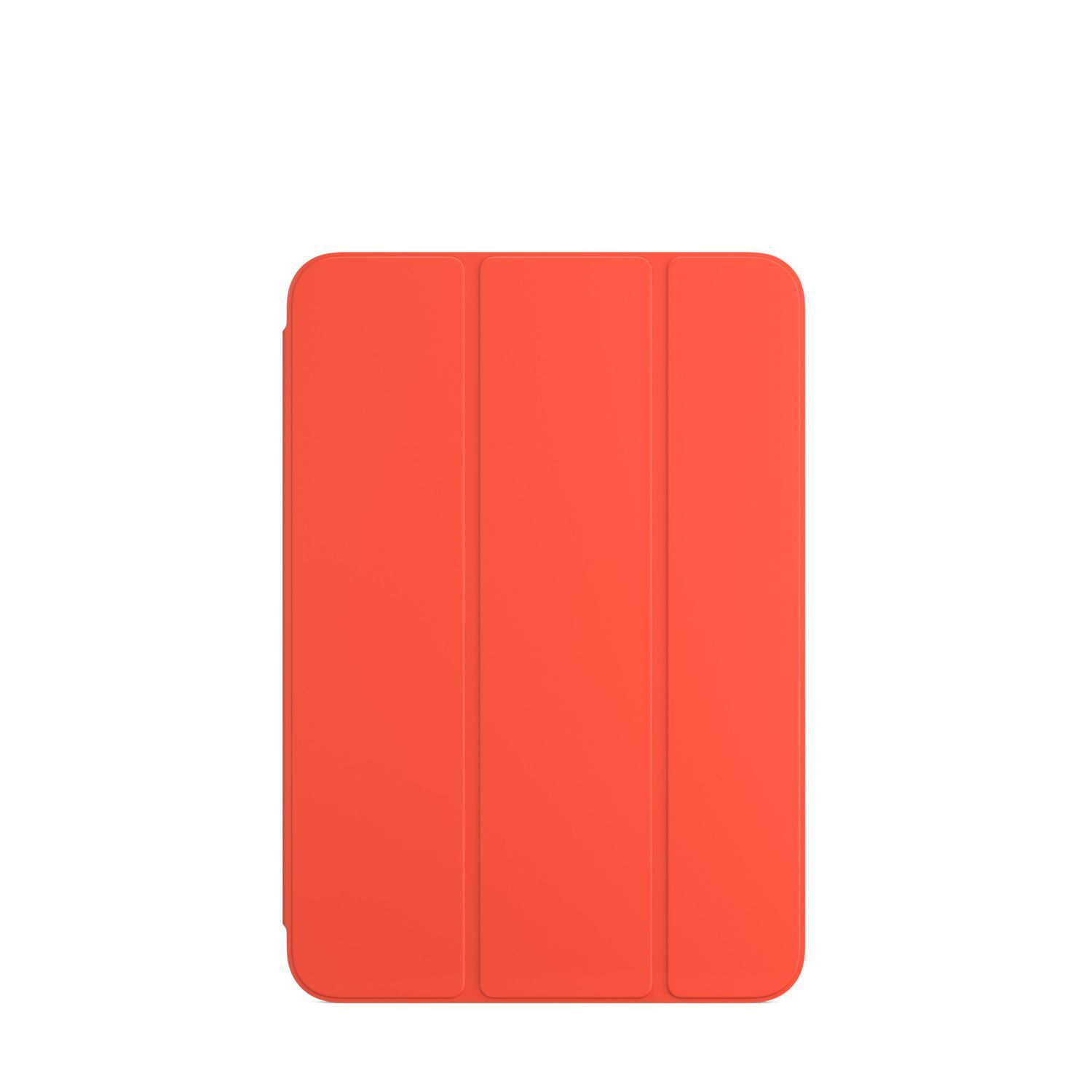 Étui orange pour tablette, fermé. Trois panneaux visibles, finition mate.