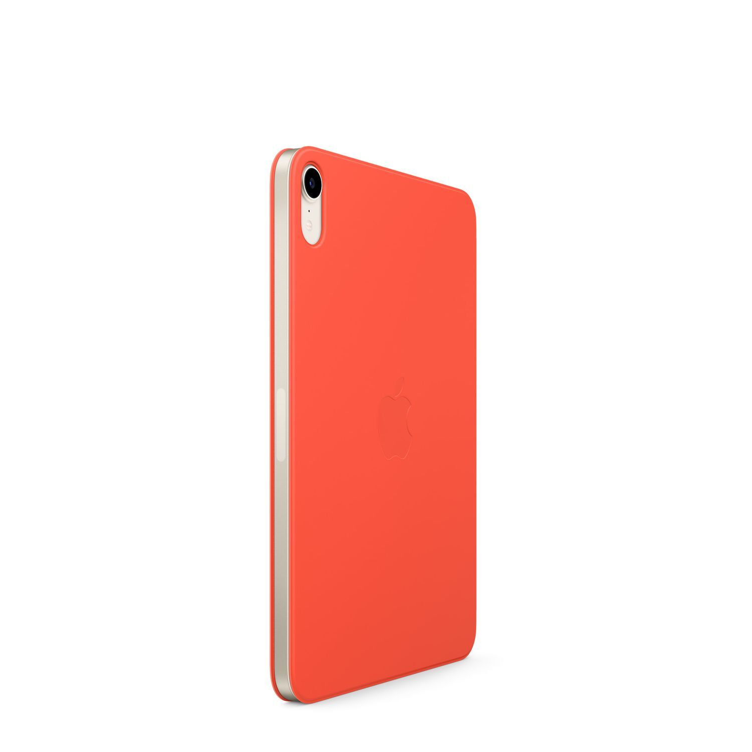 Tablette rouge avec une caméra et le logo Apple. Bordure argentée. Fond blanc.