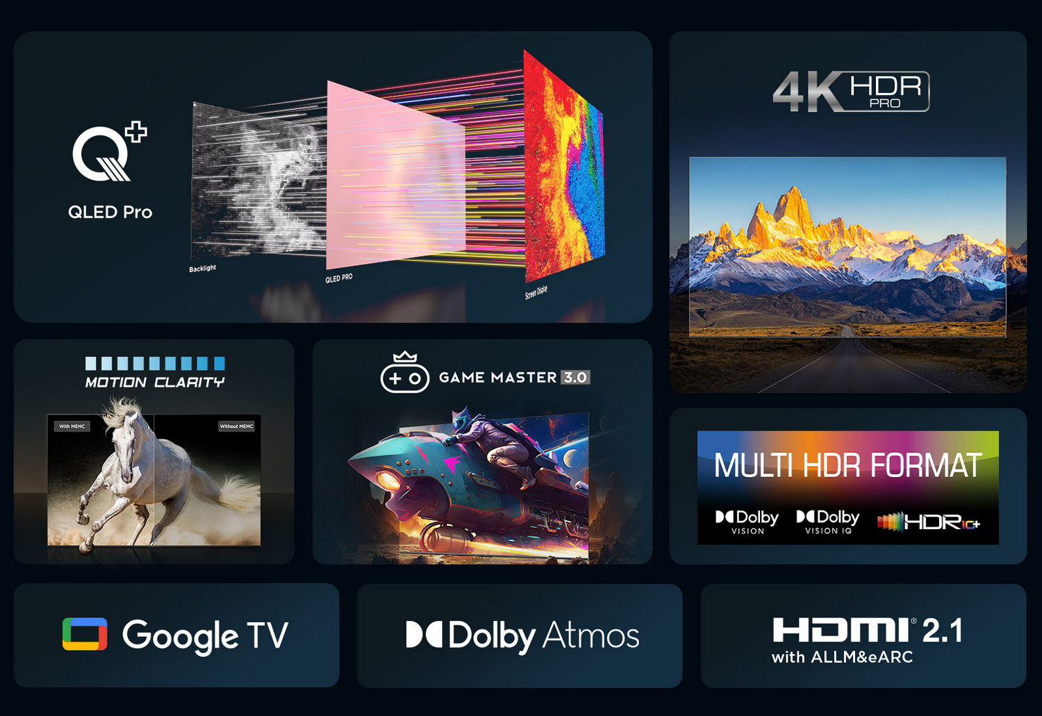 Una pantalla de TV que muestra varias funciones, incluyendo QLED Pro y tecnologías HDR.