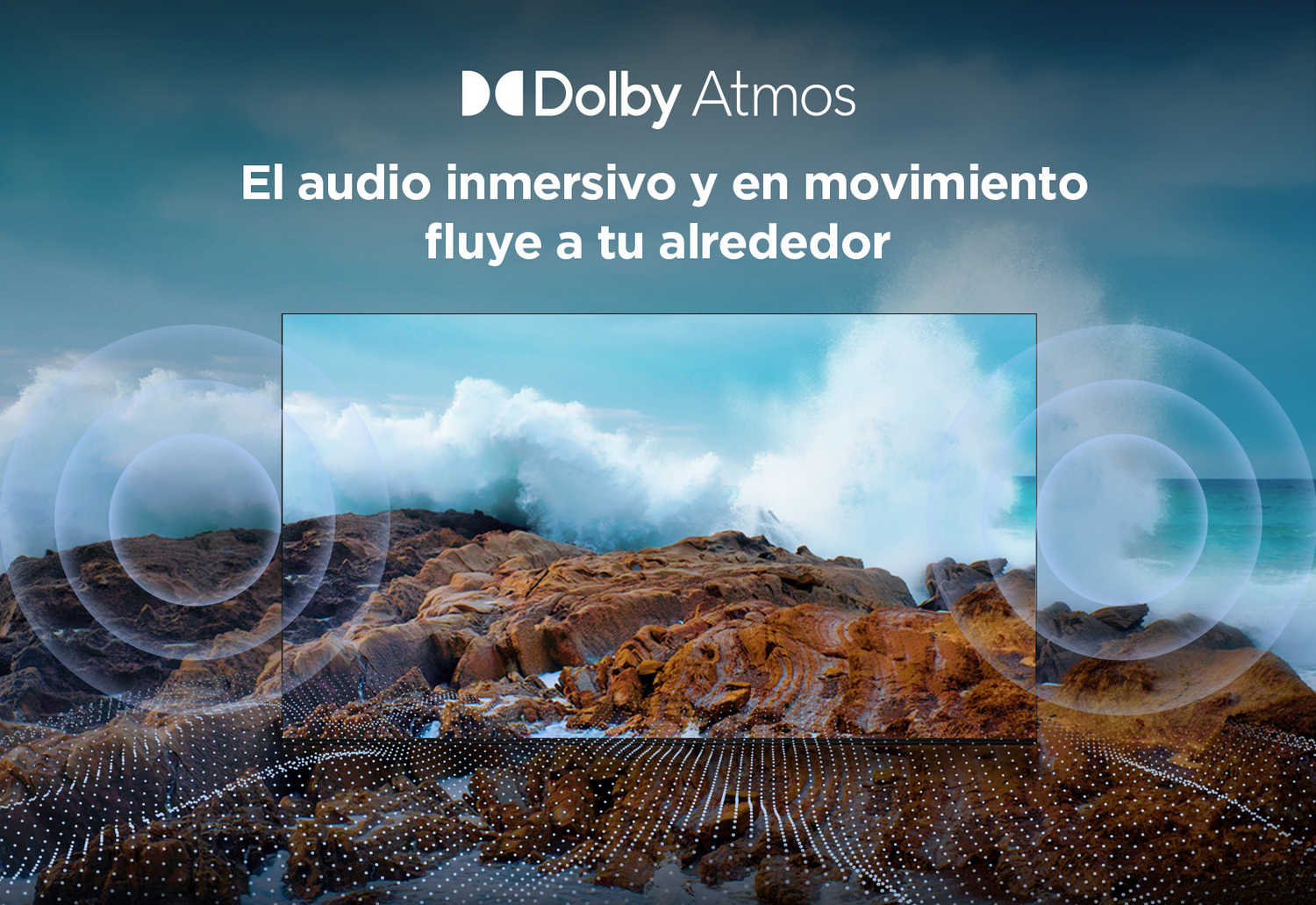 Una pantalla de TV que muestra una escena de playa con el texto "Dolby Atmos" y "Sonido inmersivo".