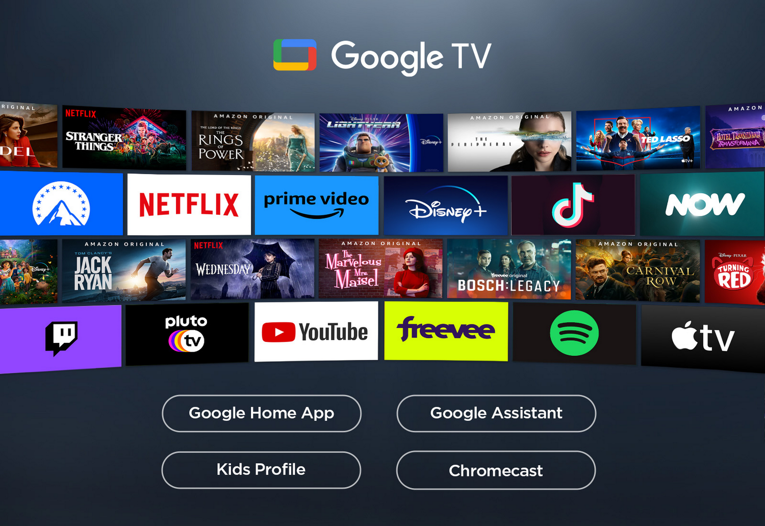 Una pantalla de televisión que muestra una interfaz de Google TV con varios iconos de servicios de streaming.