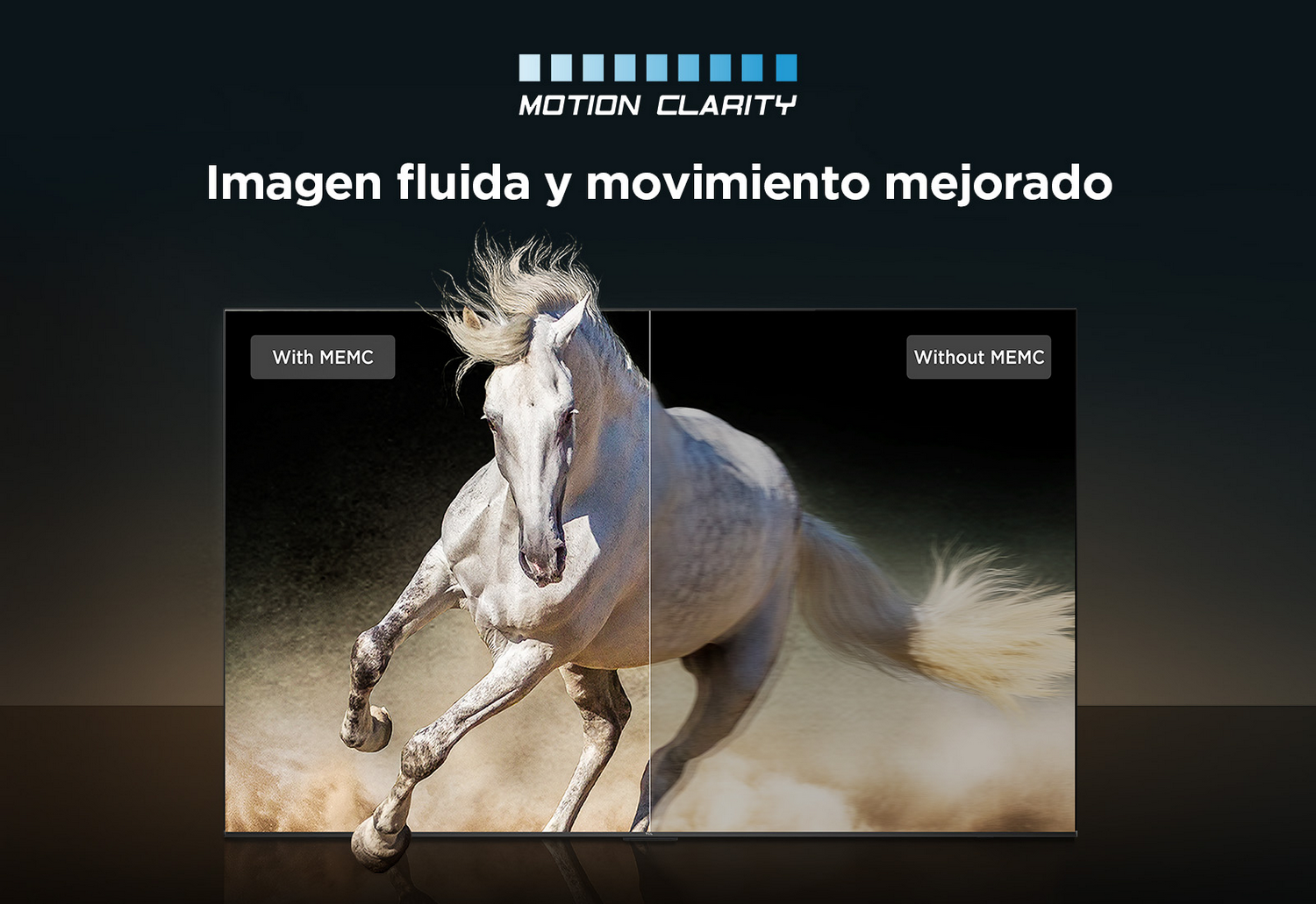 Dos televisores, uno mostrando un caballo con MEMC y el otro sin MEMC, ilustrando la claridad de movimiento.