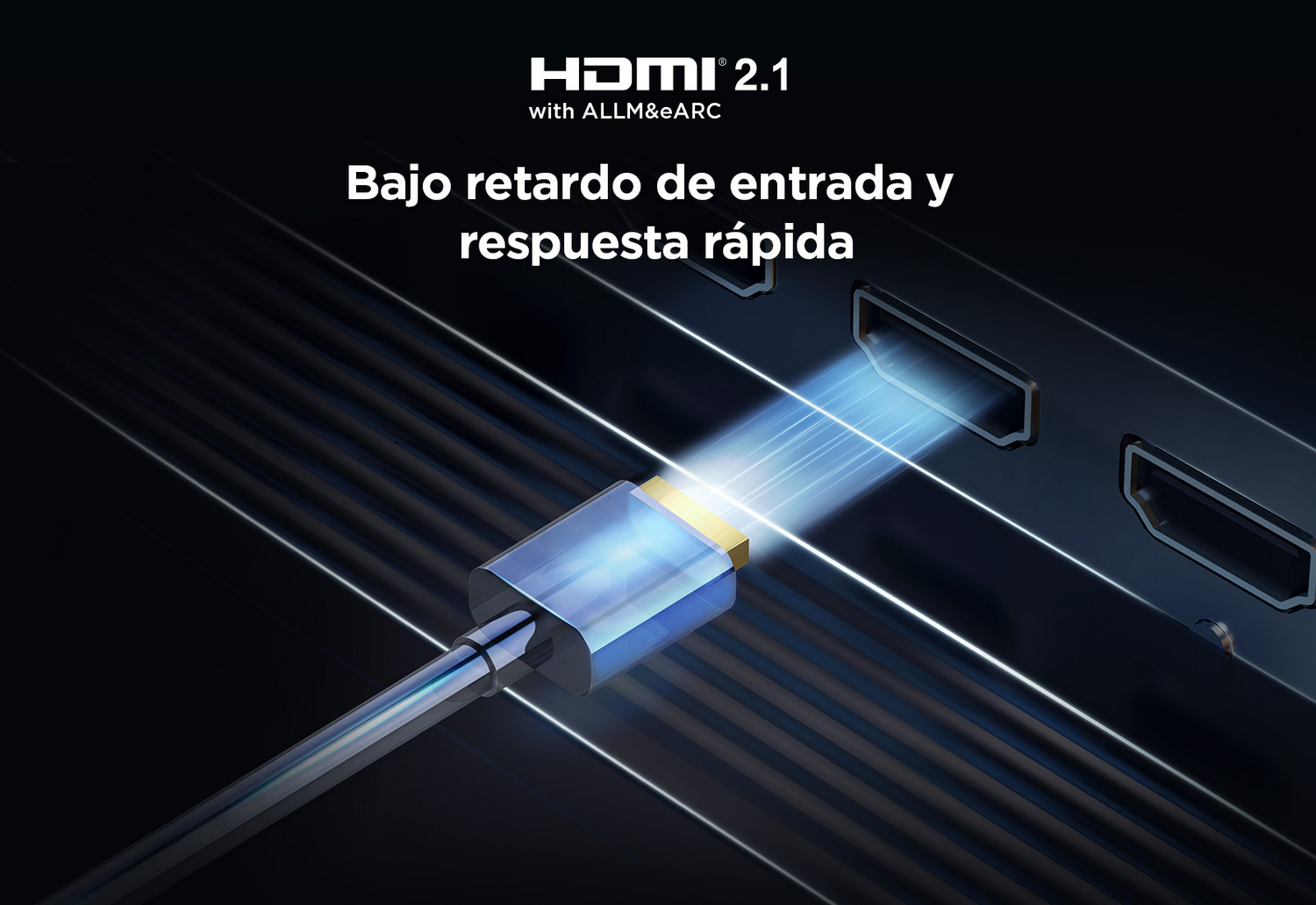 Un primer plano de un cable HDMI negro conectado a un dispositivo, con texto.