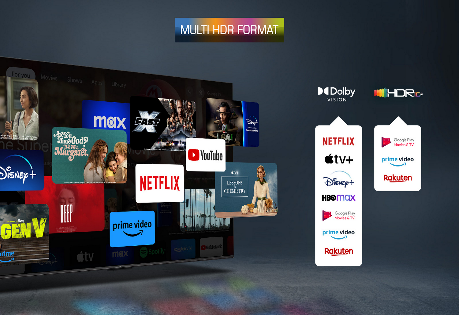 Pantalla de TV mostrando varios logotipos de servicios de transmisión, con formatos Dolby Vision y HDR.