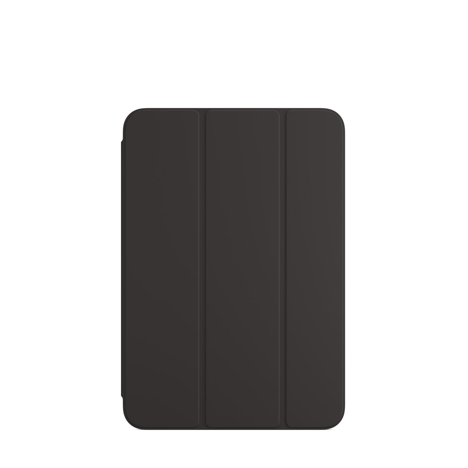 Un étui iPad noir fermé. L'étui est plié en trois, montrant une surface lisse et mate.