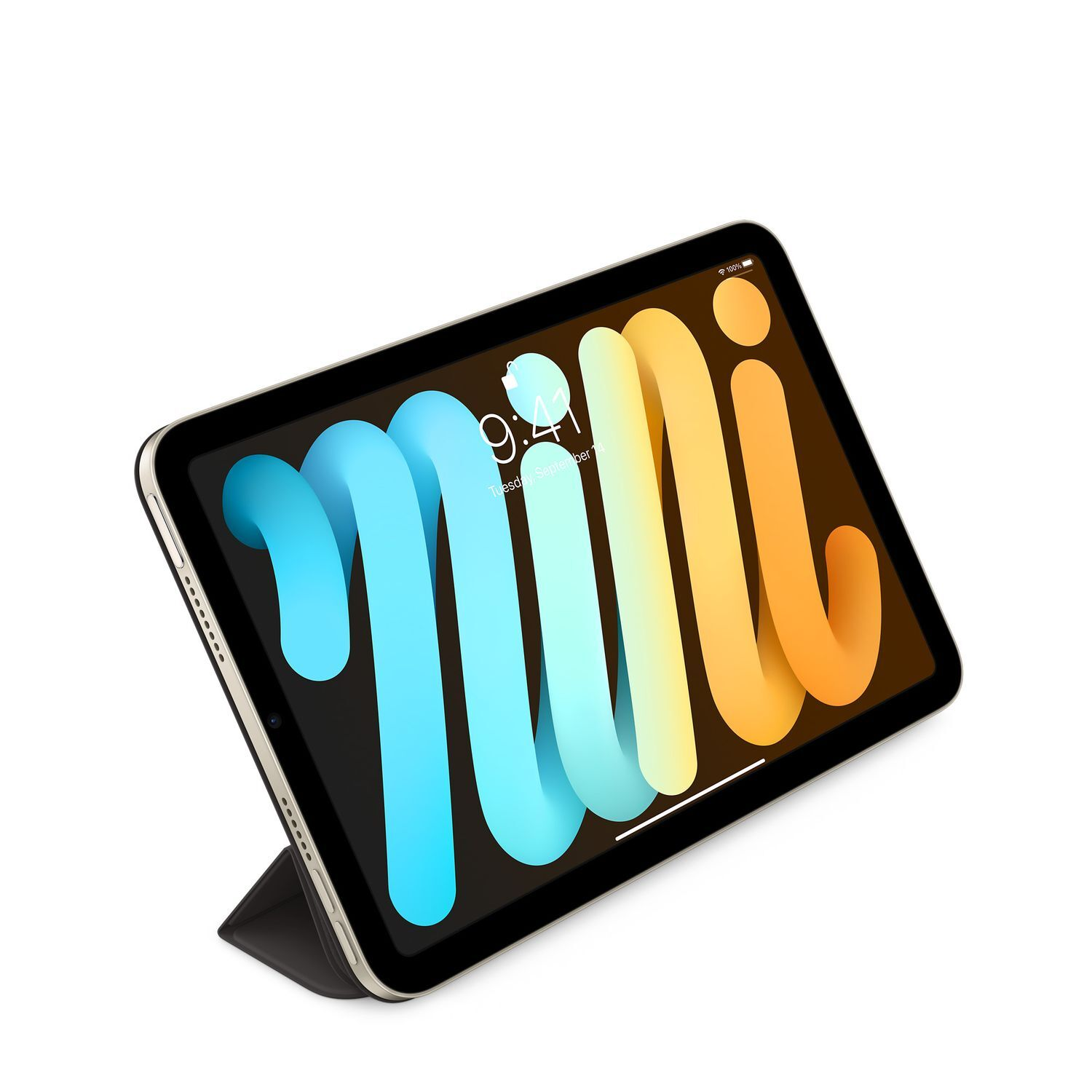Tablette sur pied. C'est un mini iPad avec un écran coloré. Le fond est blanc.