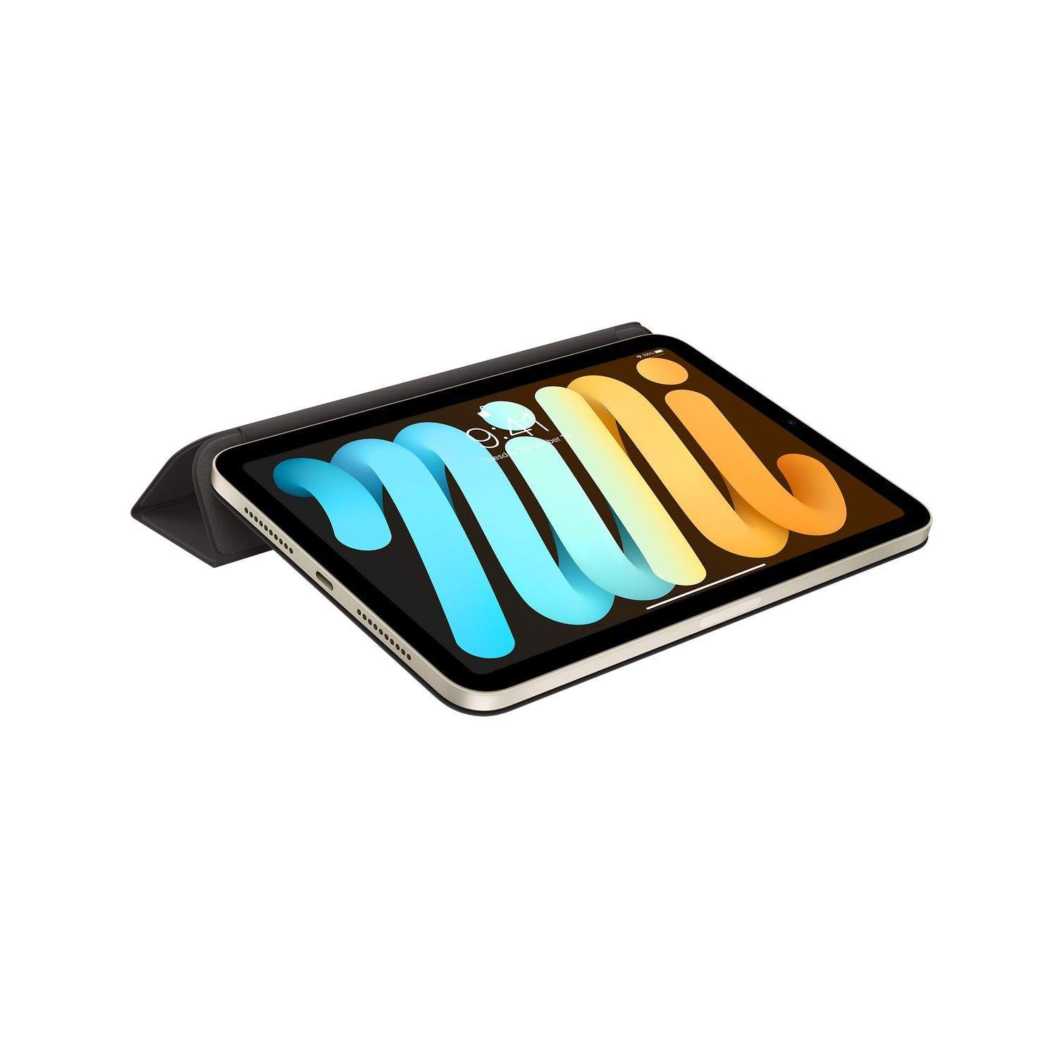 Un iPad mini dans un étui noir sur une surface blanche affiche un graphique coloré.