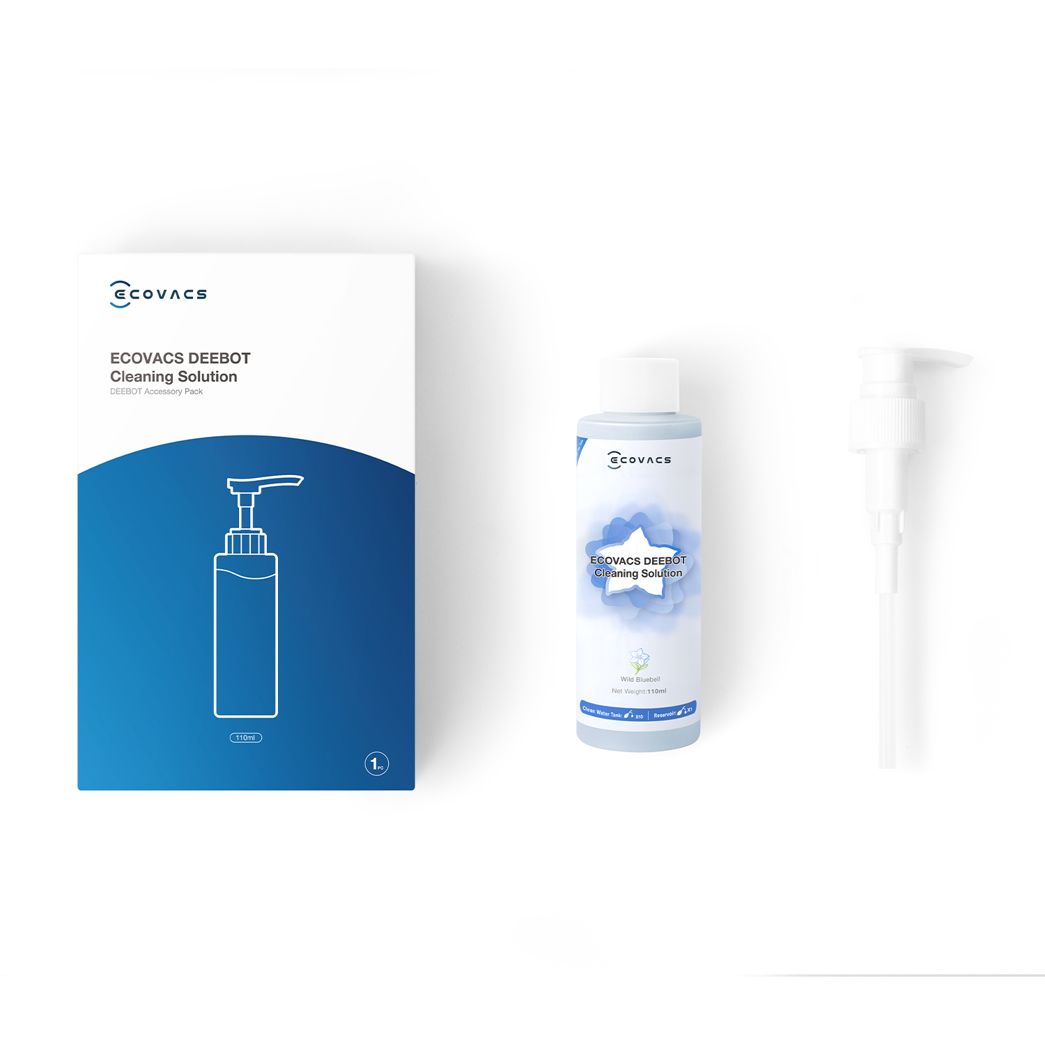 Flaconi e scatola di soluzione detergente. Flaconi bianchi, etichette blu, scatola blu.
