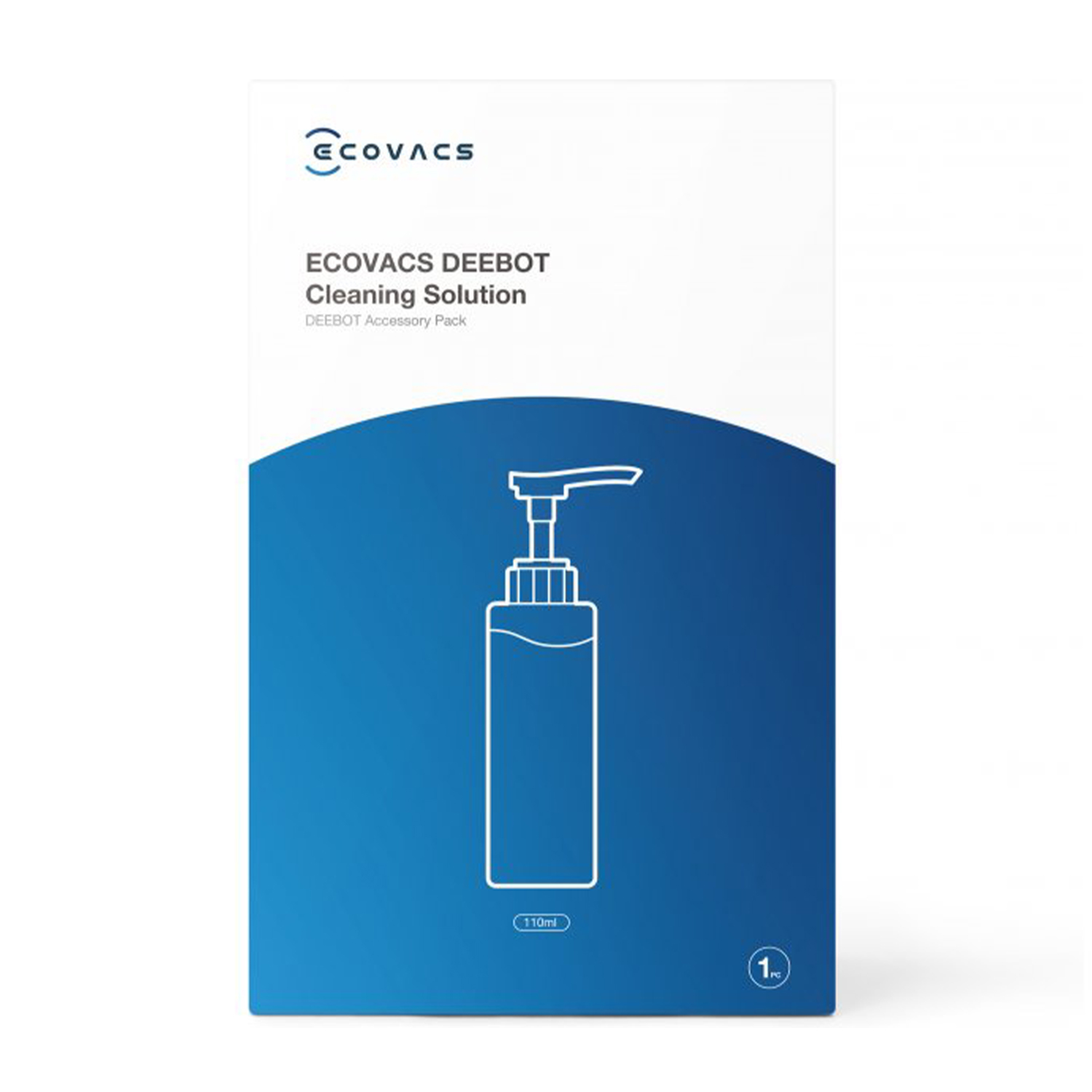 Scatola blu e bianca con illustrazione di flacone di soluzione detergente. Logo 'ECOVACS'.
