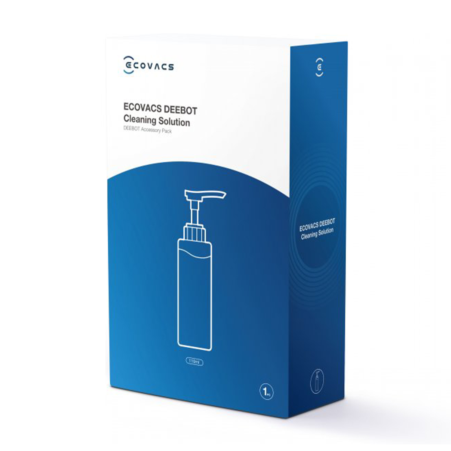 Scatola di soluzione detergente bianca e blu per Ecovacs Deebot, con illustrazione di bottiglia.