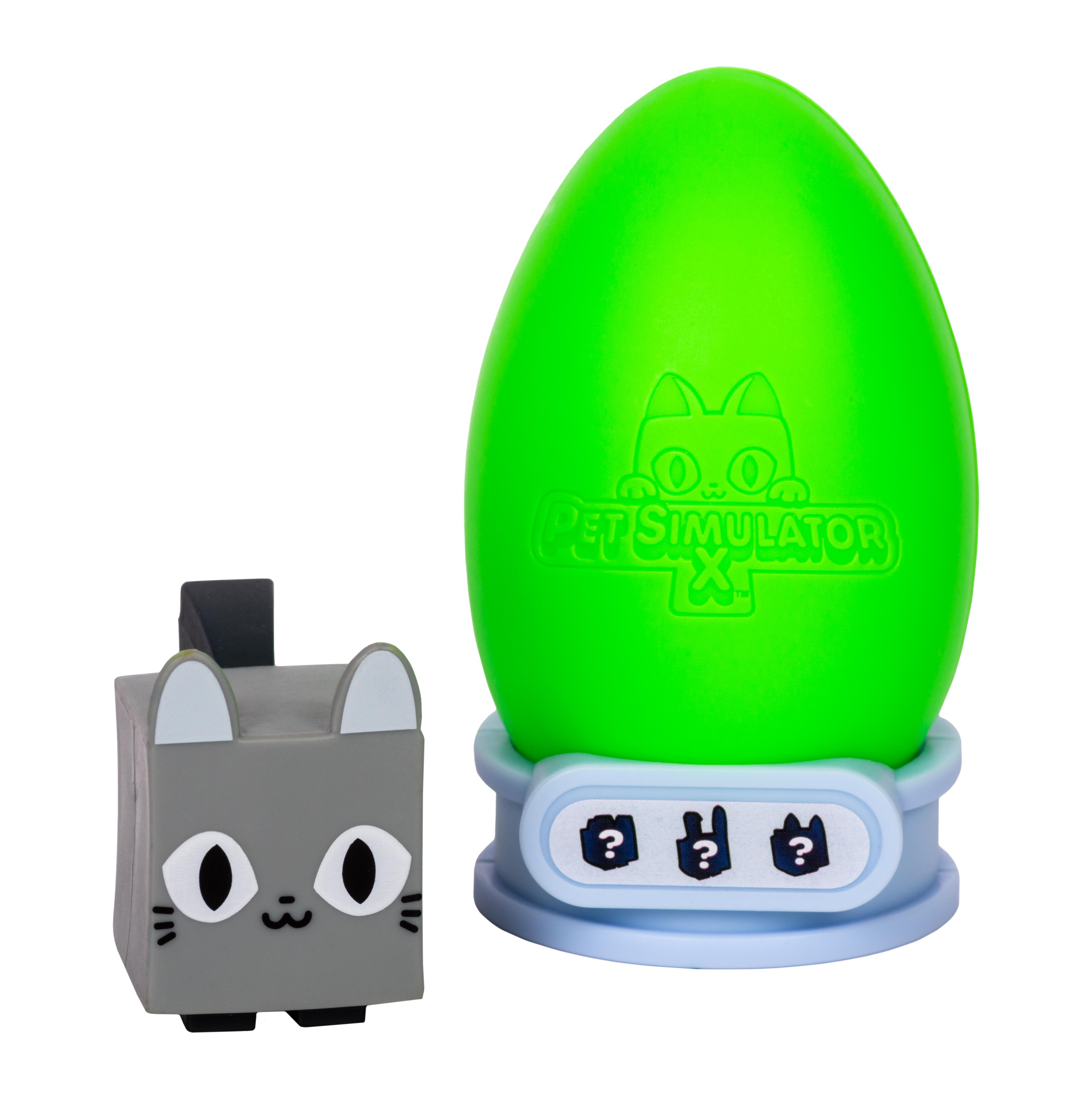 Pet Simulator X Spielzeugset: eine Katzenfigur und ein grünes Ei mit Logo.