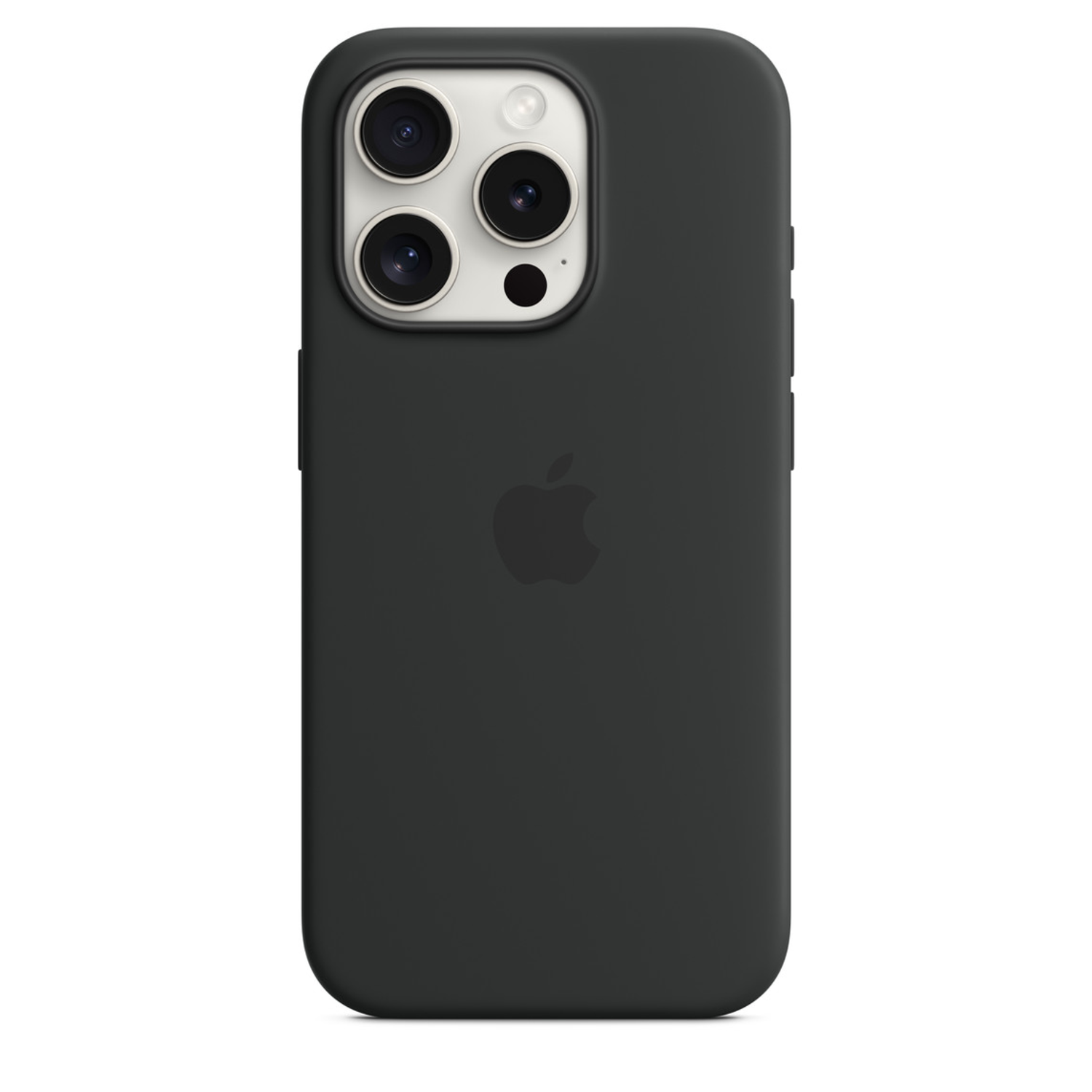 Zwarte iPhone-hoes met camera en Apple-logo op witte achtergrond.