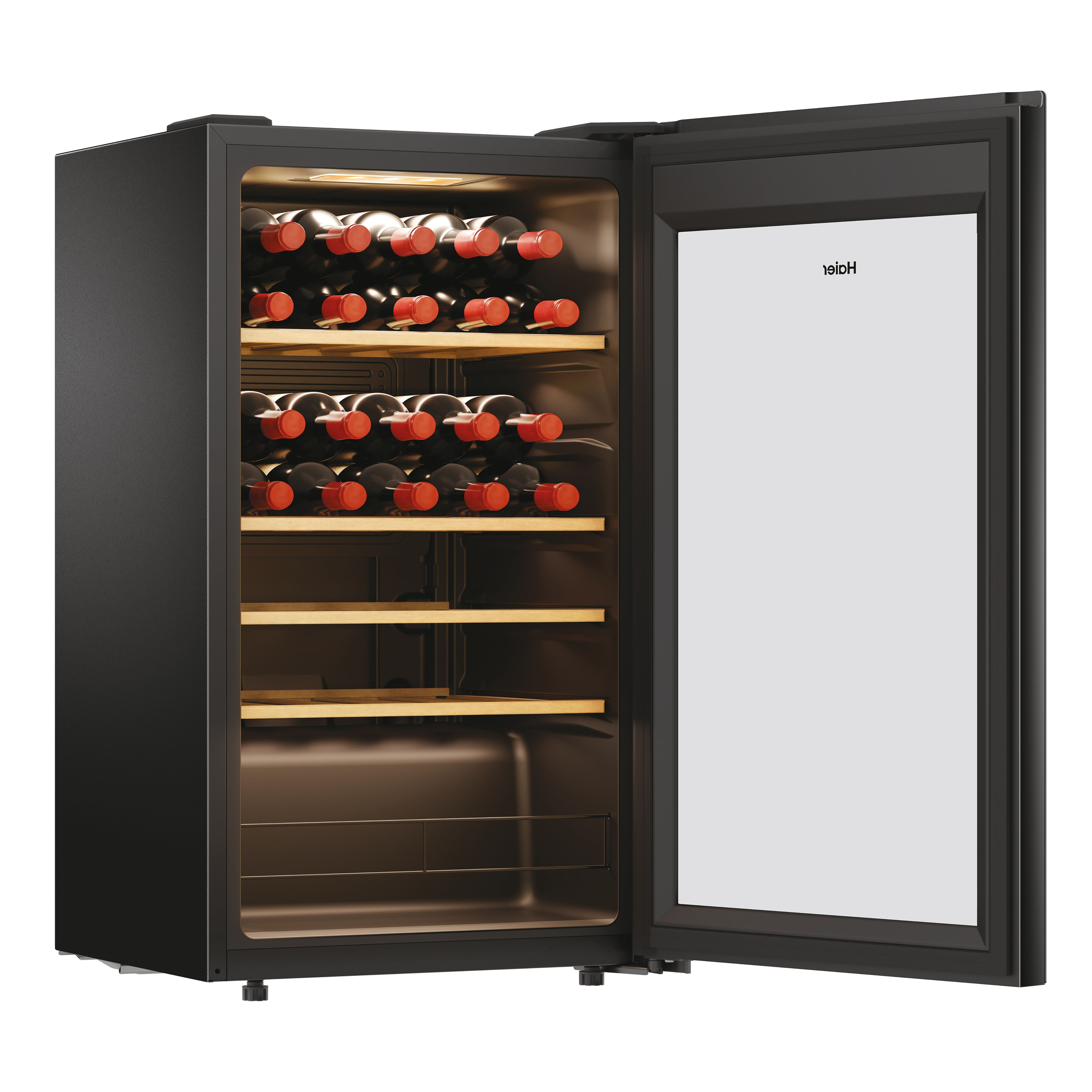 Enfriador de vino negro con puerta abierta. Botellas de vino tinto visibles en estantes de madera.