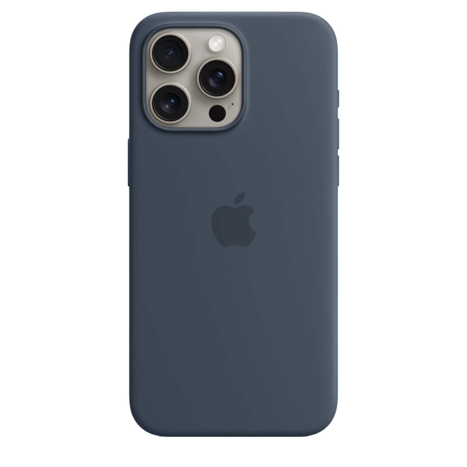 Een donkerblauwe iPhone-hoes met een zilveren Apple-logo en drie cameralenzen.