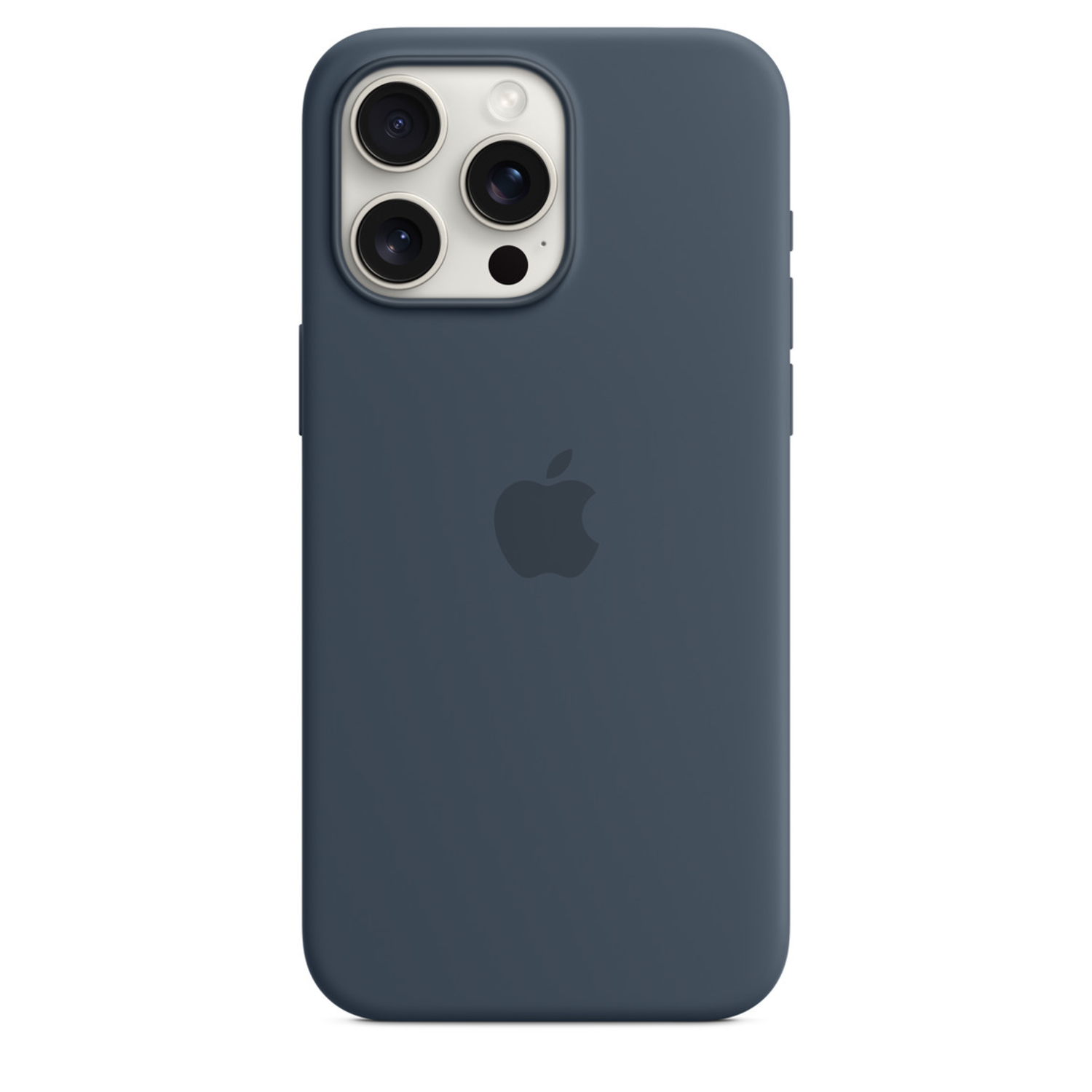 Een donkerblauwe iPhone-hoes met een zichtbaar Apple-logo.