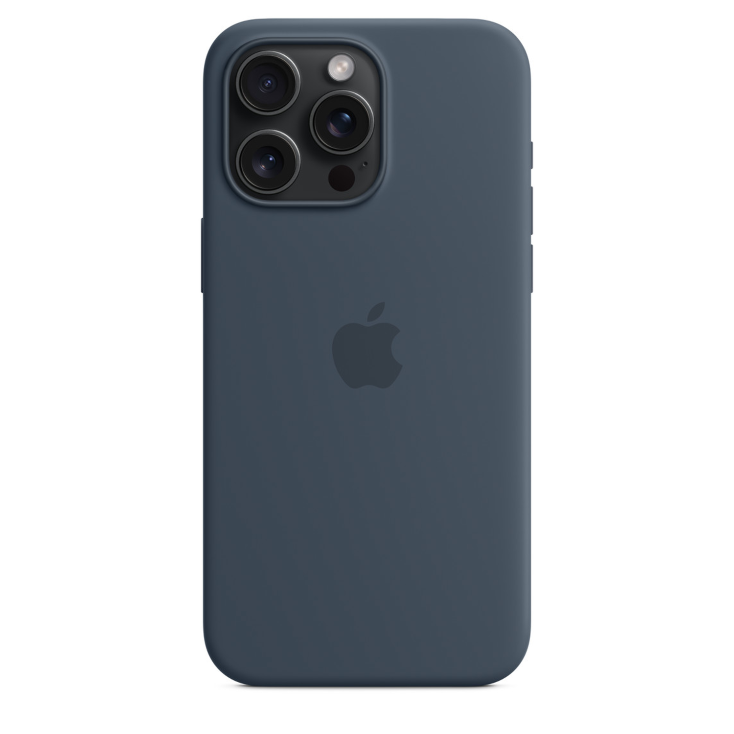 Een blauwe telefoonhoes met drie camera's en een Apple-logo op de achterkant.