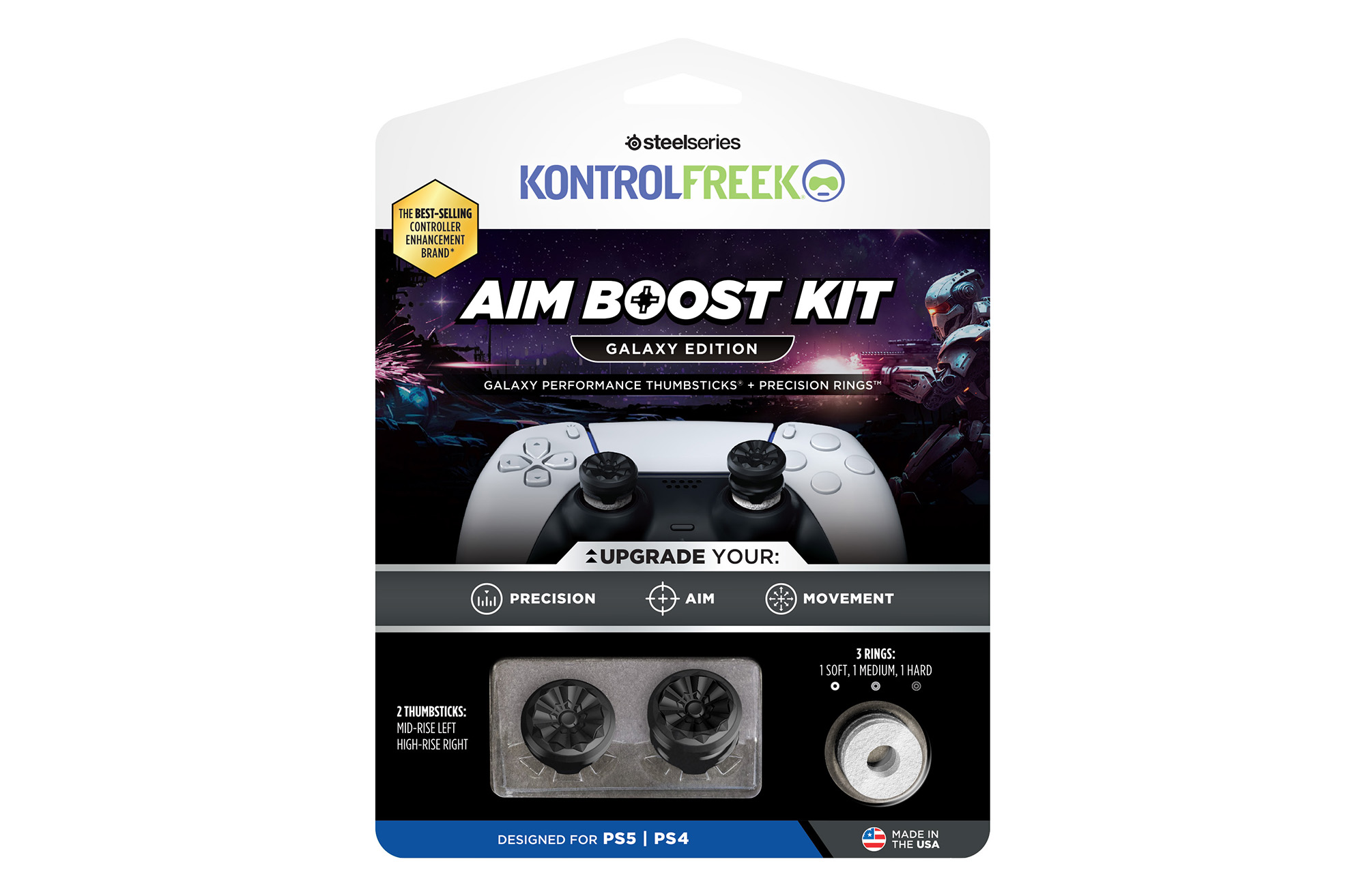 KontrolFreek Aim Boost Kit-Verpackung mit Thumbsticks und Ringen für einen PS5-Controller.
