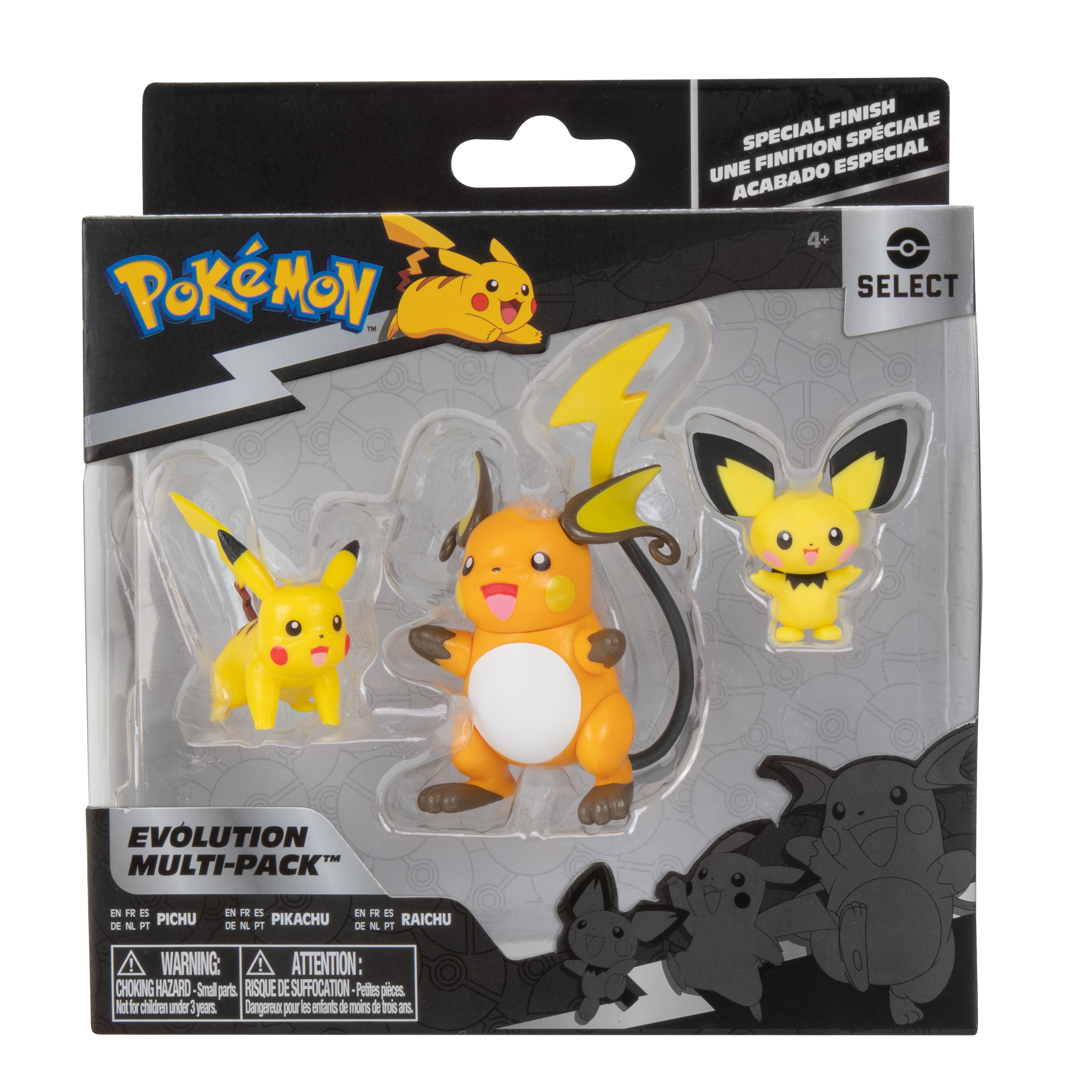 Pokemon-Spielzeugset mit Pikachu-, Raichu- und Pichu-Figuren in einer Blisterpackung.