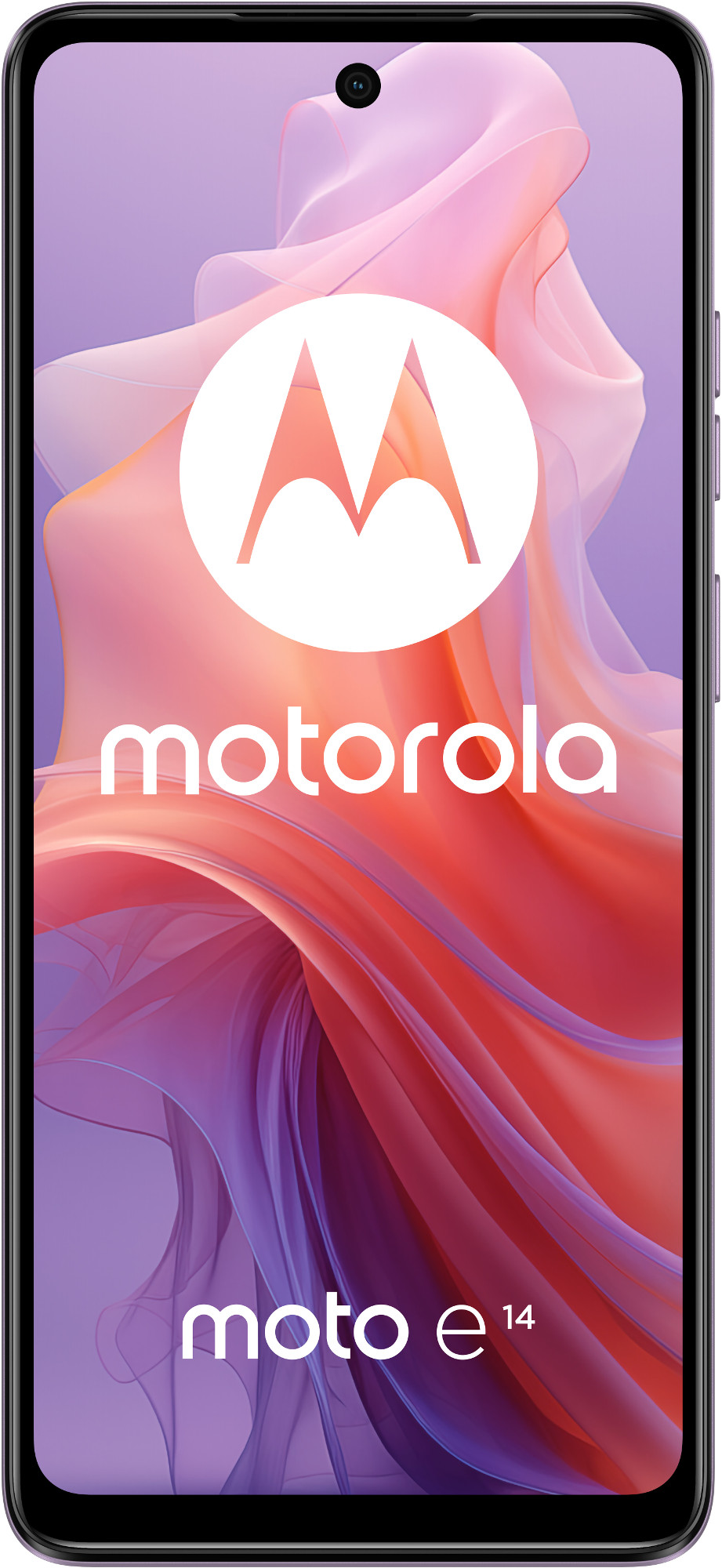 Smartfon Motorola Moto e14 na białej powierzchni. Ekran wyświetla kolorowy abstrakcyjny wzór.