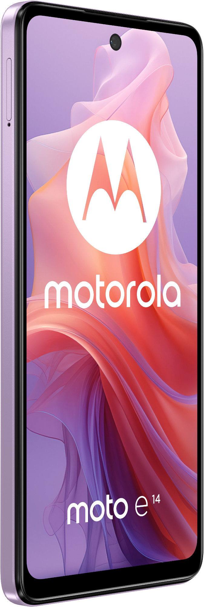 Fioletowy smartfon Motorola Moto e14, widok z boku. Telefon ma duży ekran i aparat.