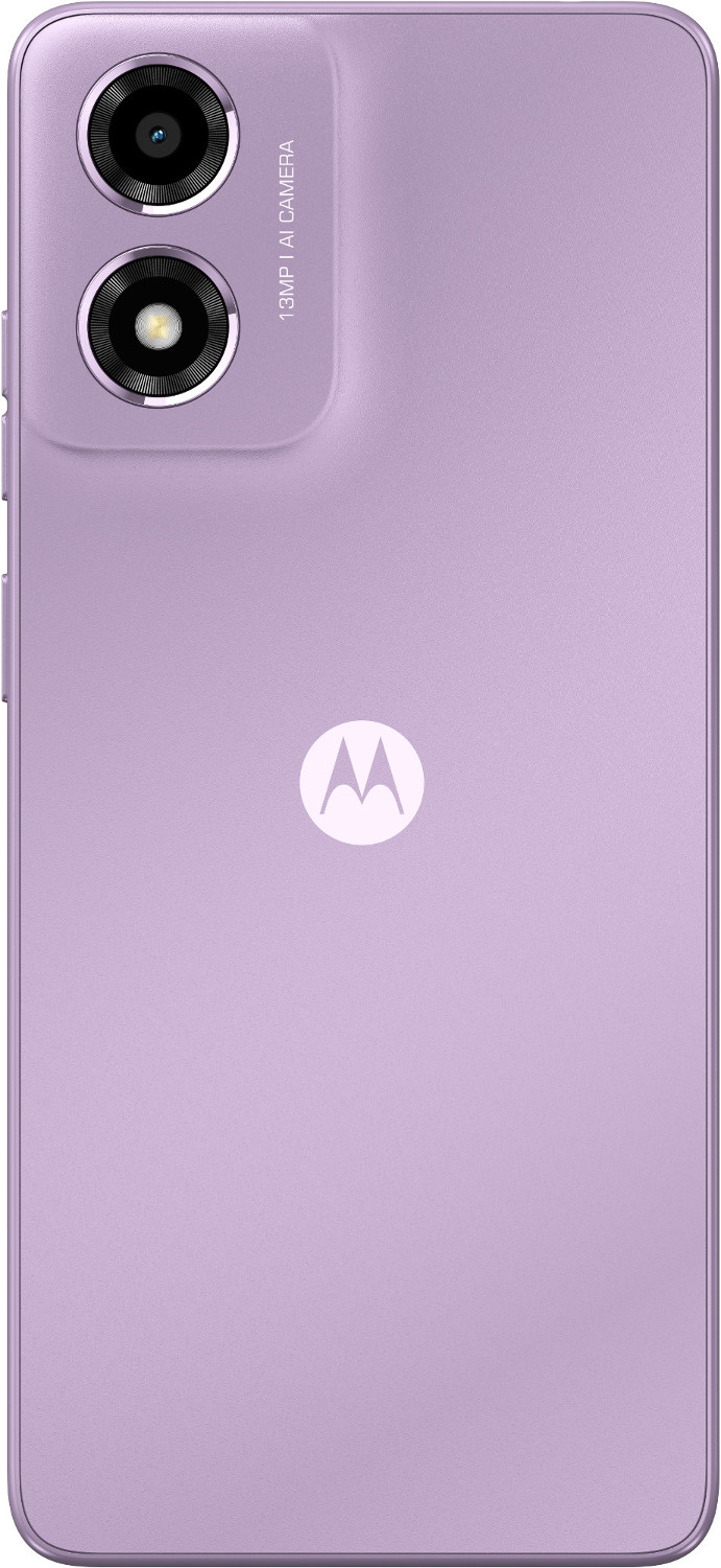 Tył fioletowego smartfona Motorola z aparatem i logo.