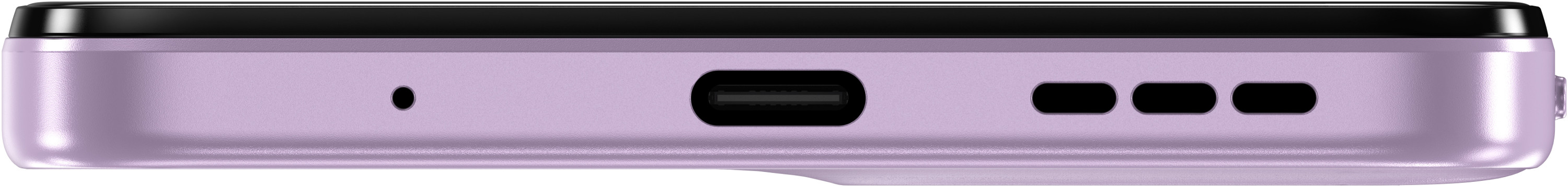 Dół fioletowego telefonu. Mikrofon, port USB-C i otwory głośnika.