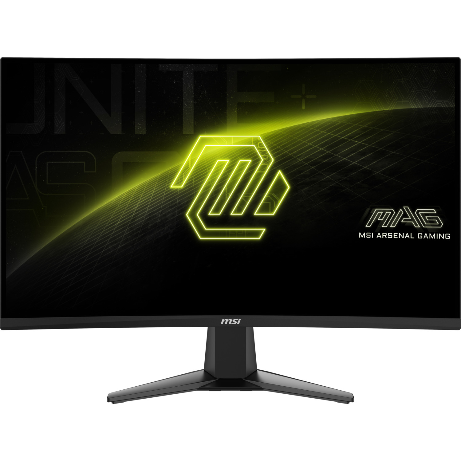 A curved black MSI monitor with a green logo on the screen. The stand is black.