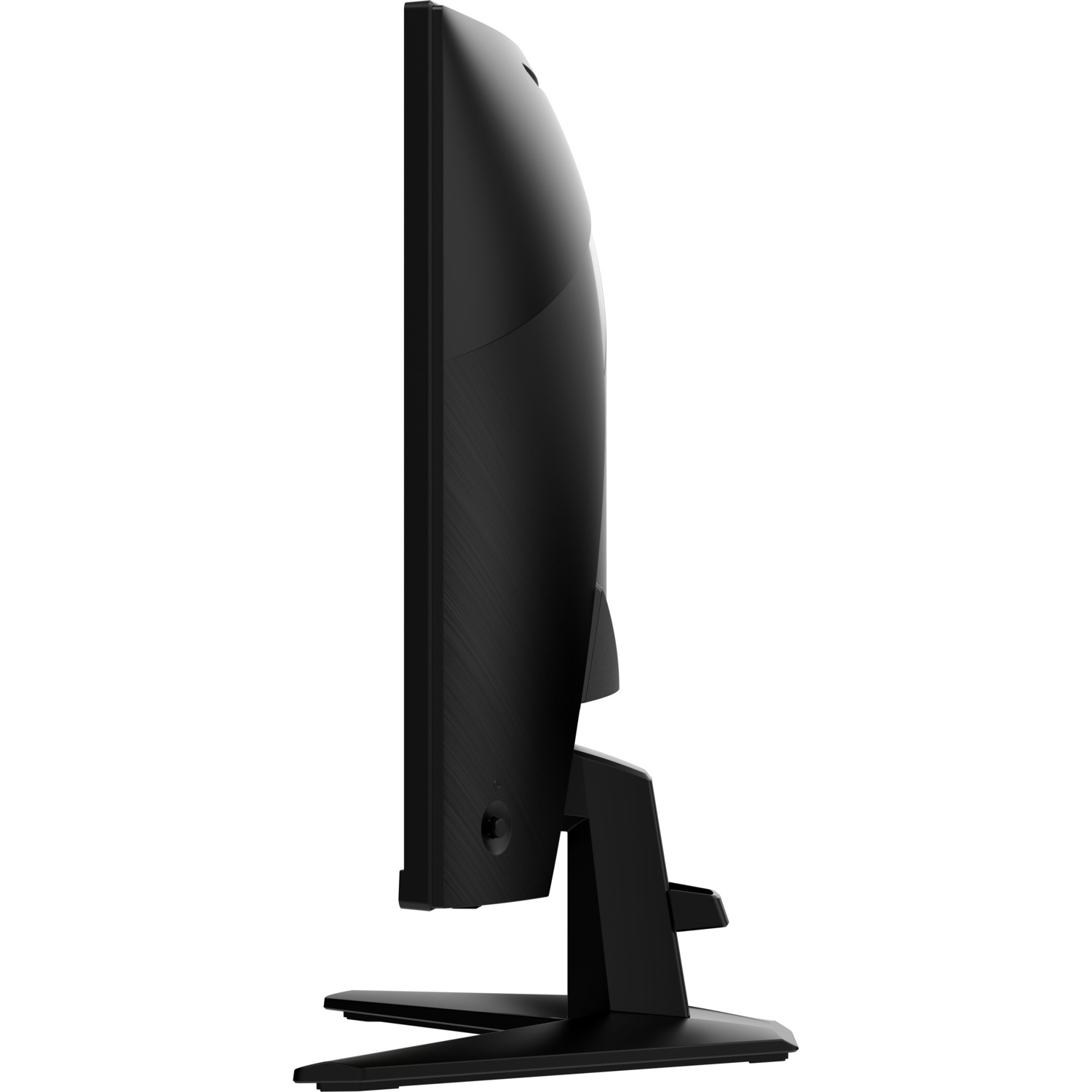 A side profile of a black computer monitor on a white background. The monitor has a stand.