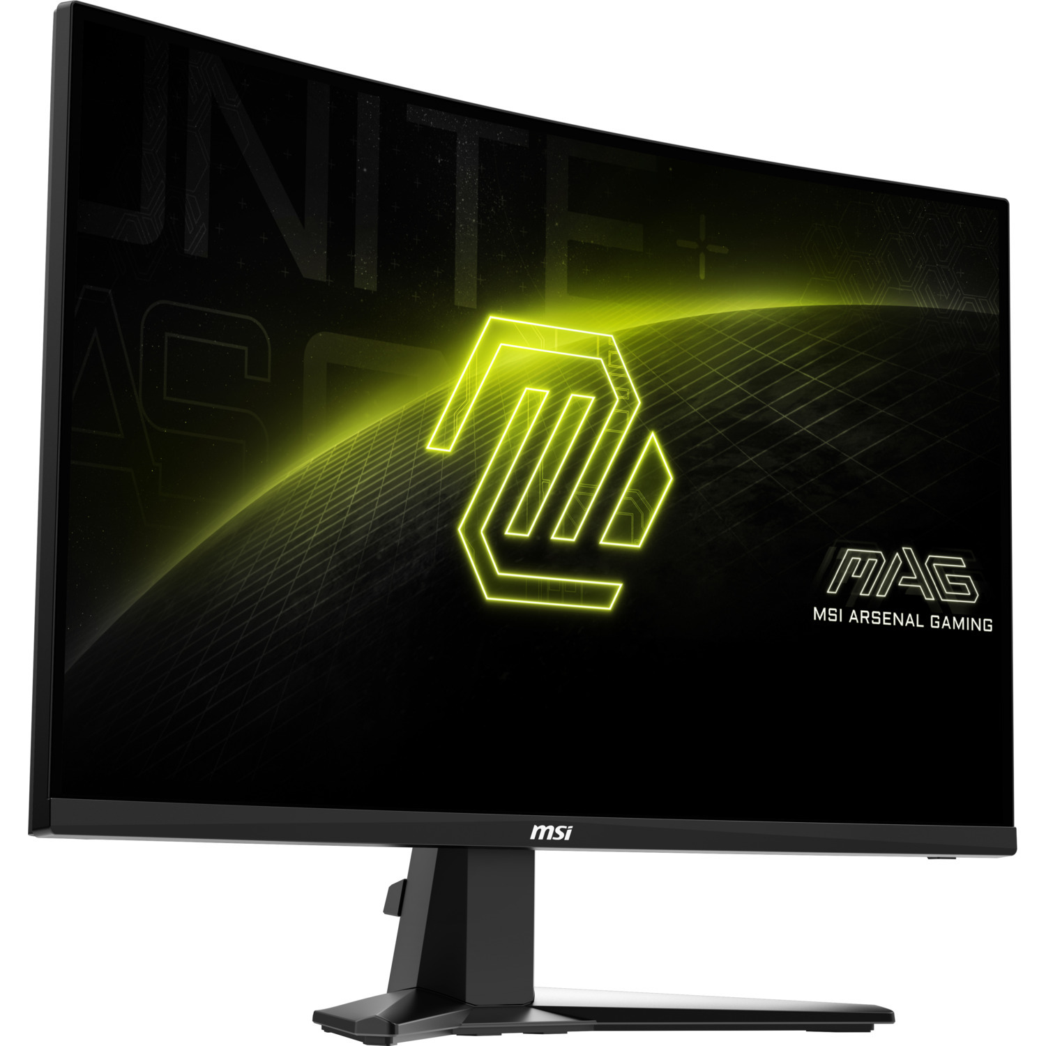 MSI gebogen monitor met geel logo op zwarte achtergrond, zijaanzicht.