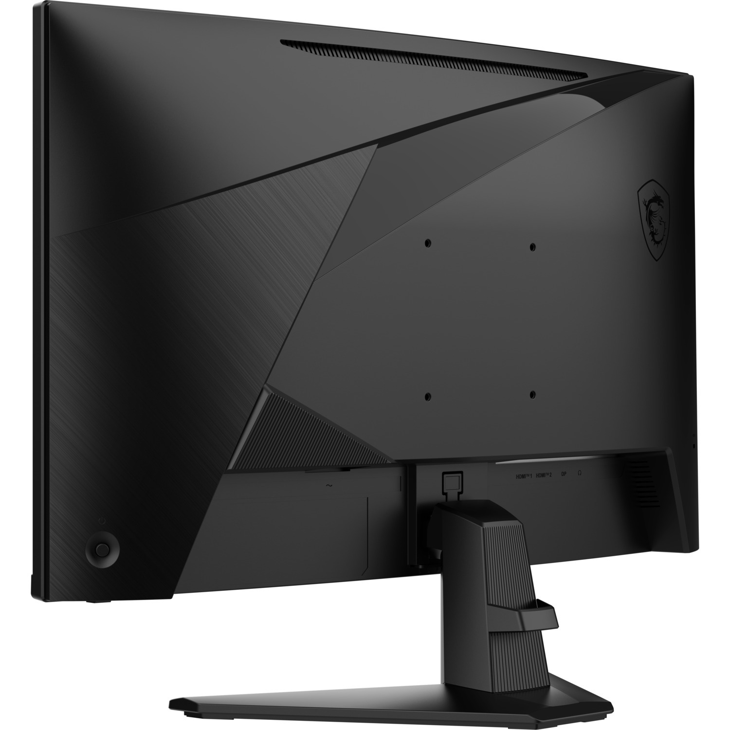 Zwarte achterkant van een computermonitor met poorten en standaard.