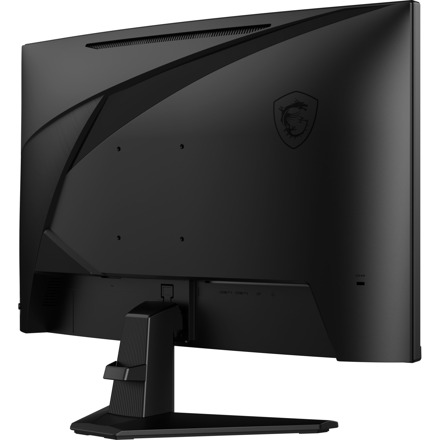 Zwarte computermonitor, achteraanzicht. Toont het MSI-logo en verschillende ingangspoorten.