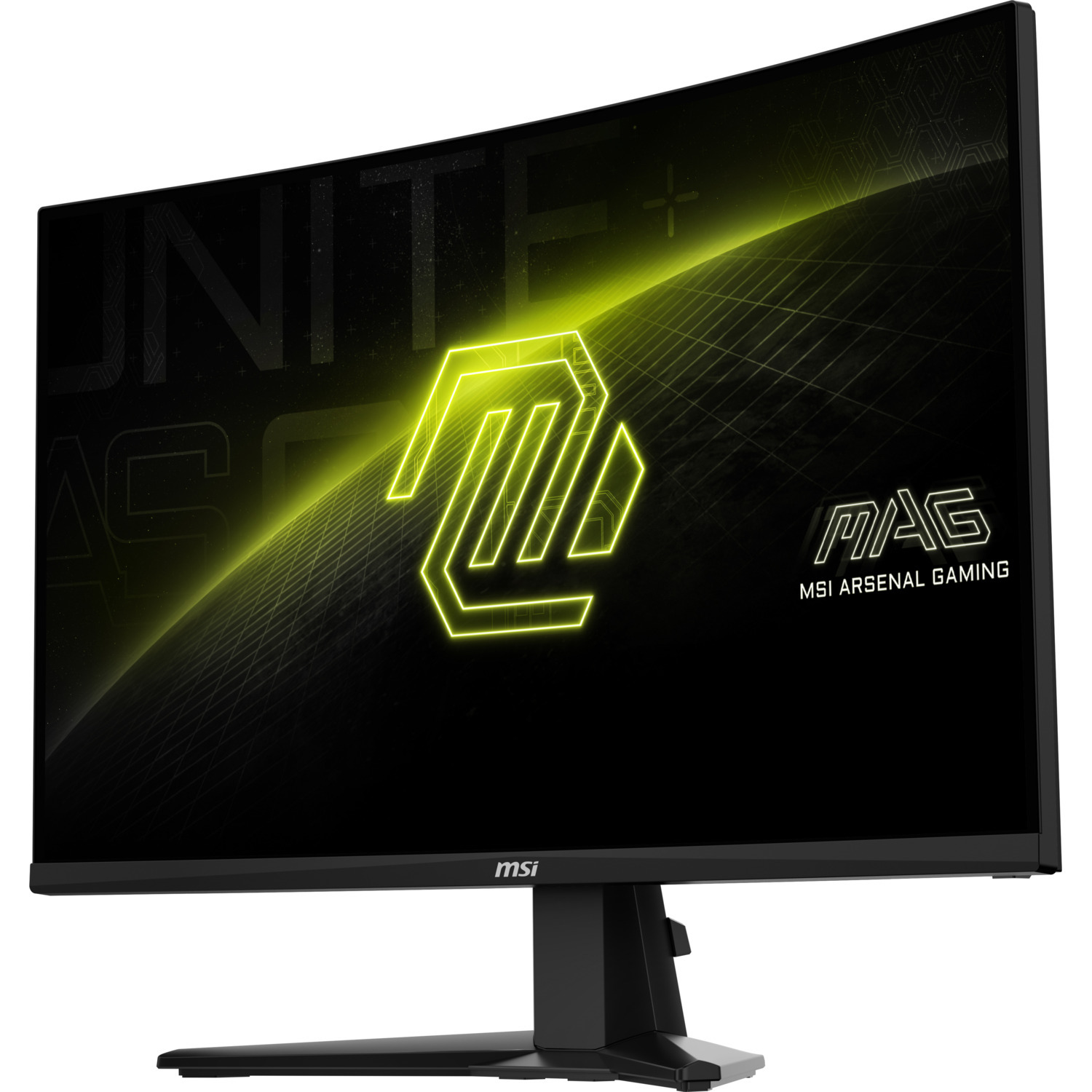 Curved monitor with MSI Arsenal Gaming logo on a black screen. Black stand.