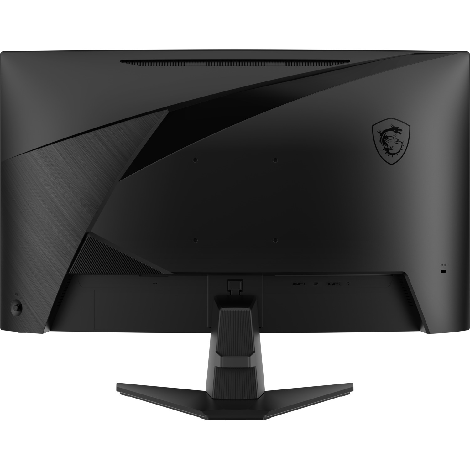 Back of a black MSI monitor with a dragon logo and stand.
