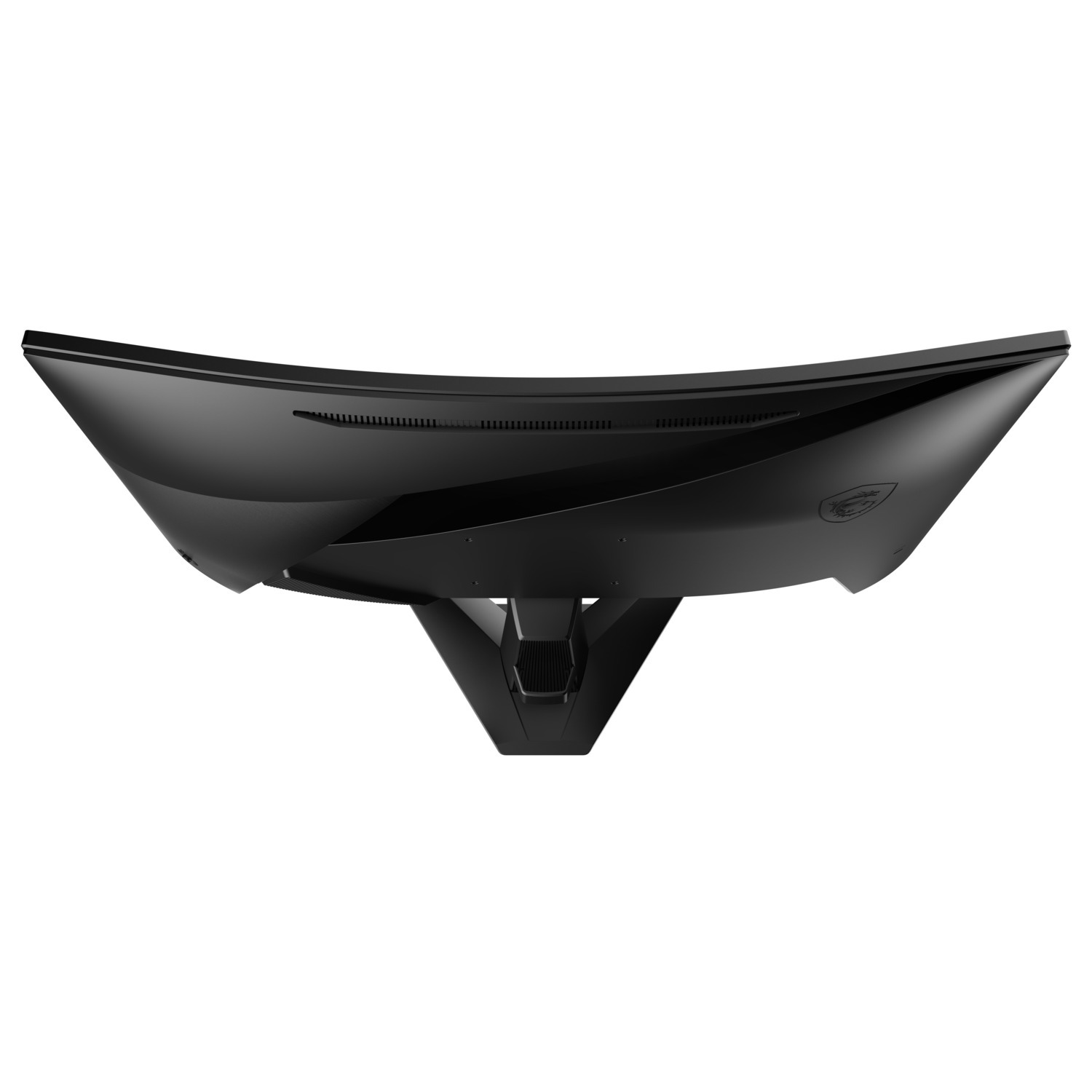 A curved black MSI monitor, seen from below. Shows the curved screen edge and the stand attachment.