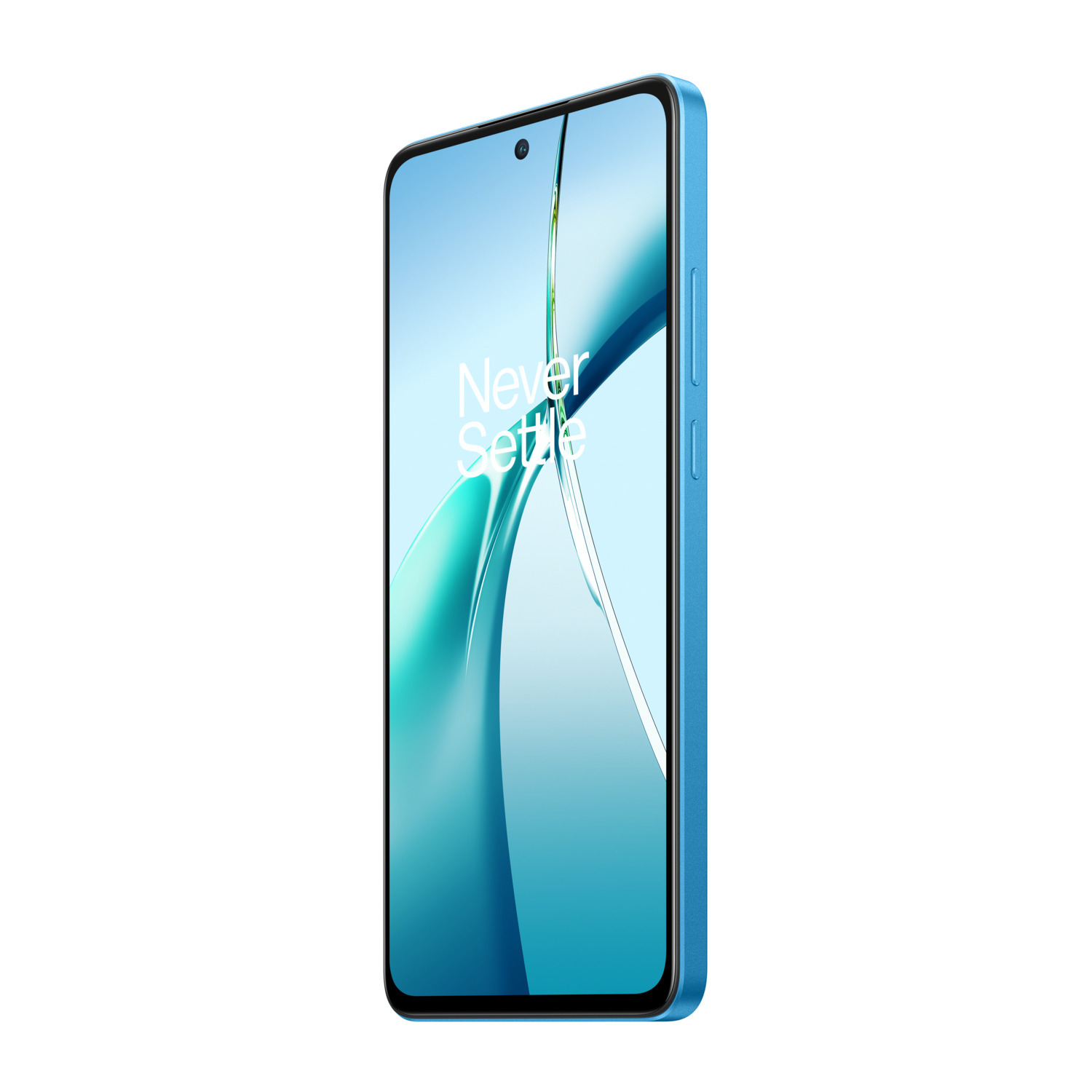 Smartphone bleu sur fond blanc. L'écran affiche un design bleu et blanc. Cadre noir.
