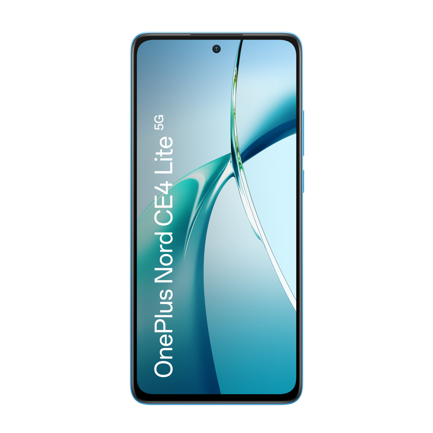 Un téléphone bleu OnePlus Nord CE4 Lite 5G. L'écran affiche un motif abstrait bleu et blanc.