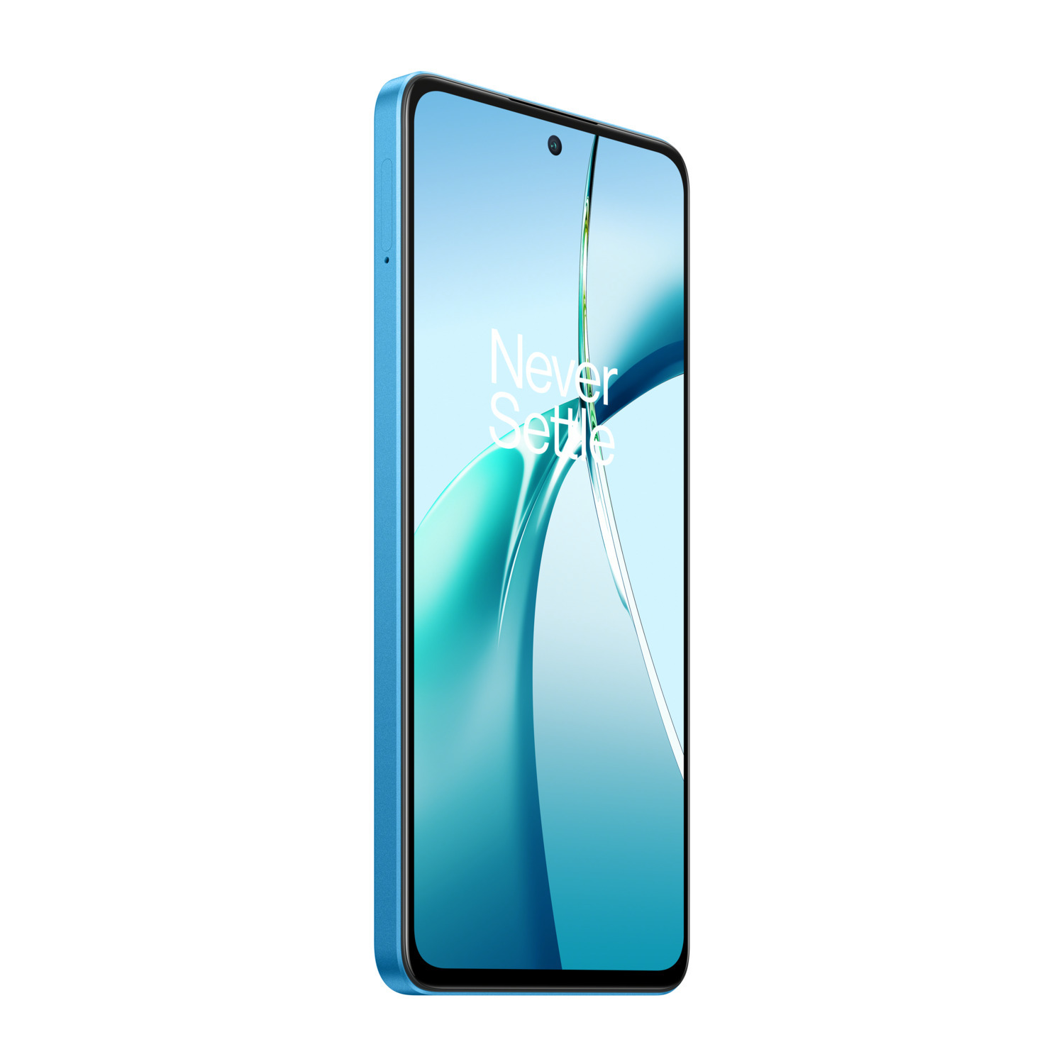 Un téléphone bleu avec un écran affichant un design fluide.