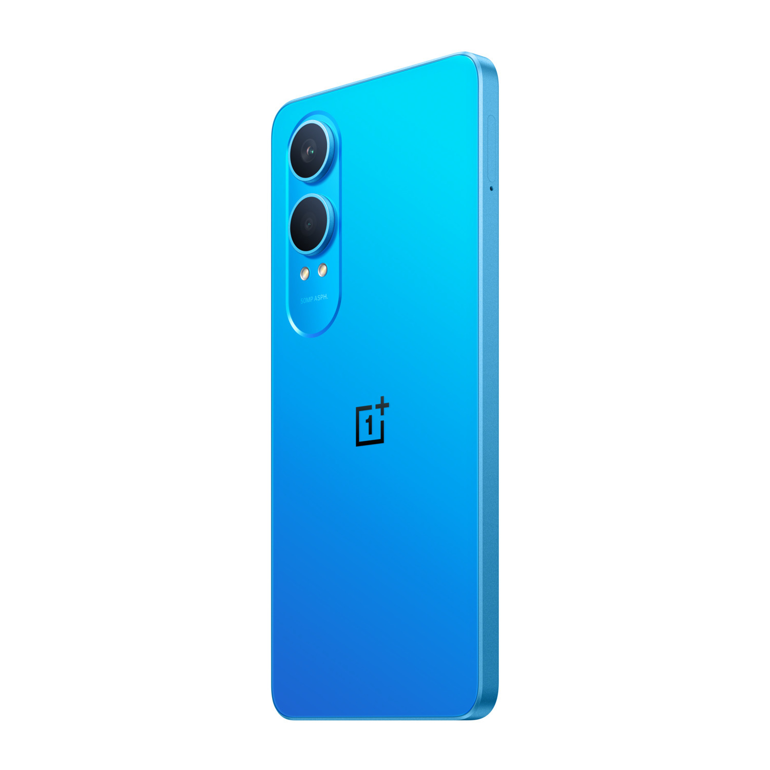 Smartphone bleu. Vue latérale. Possède des lentilles de caméra et le logo OnePlus.