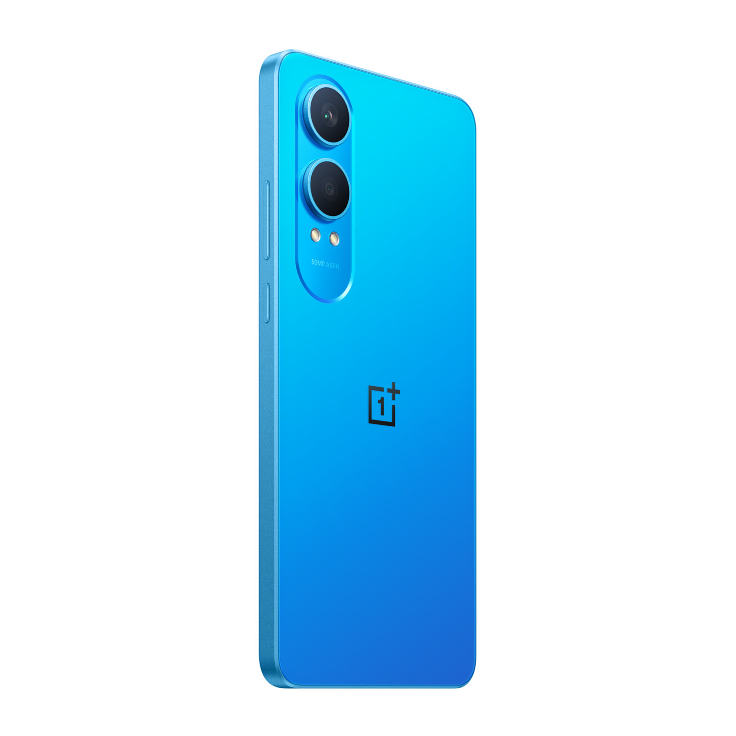 Un smartphone bleu avec deux caméras et le logo OnePlus. La vue latérale montre les boutons de volume.