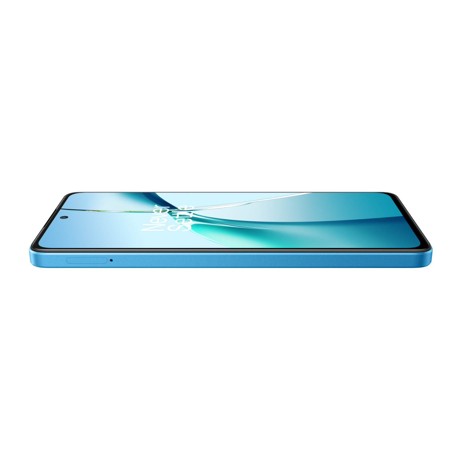 Un smartphone bleu affiché horizontalement. L'écran est allumé, affichant un fond bleu et turquoise.