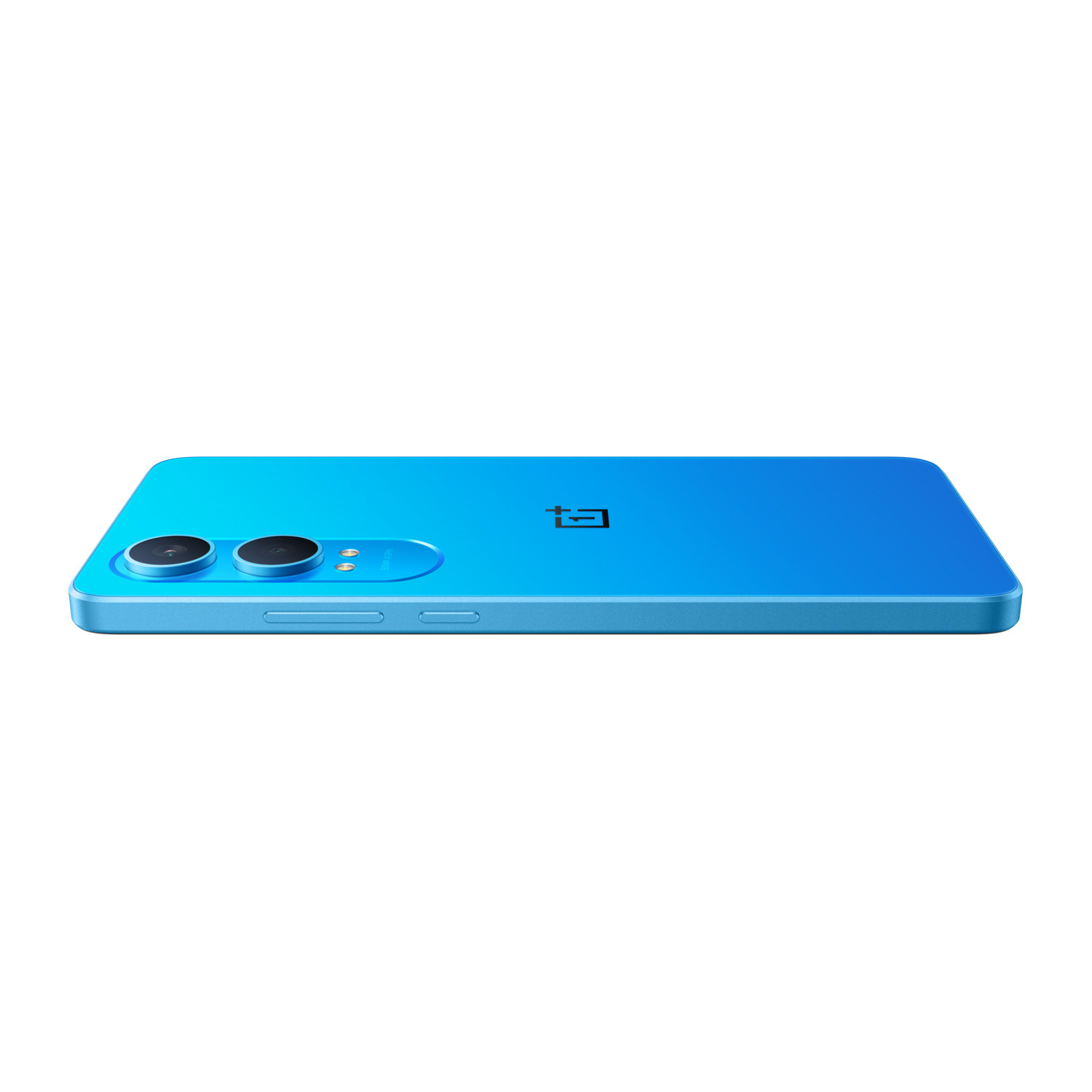 Un smartphone bleu vu de côté. Deux objectifs d'appareil photo sont visibles, ainsi qu'un bouton d'alimentation et un logo.