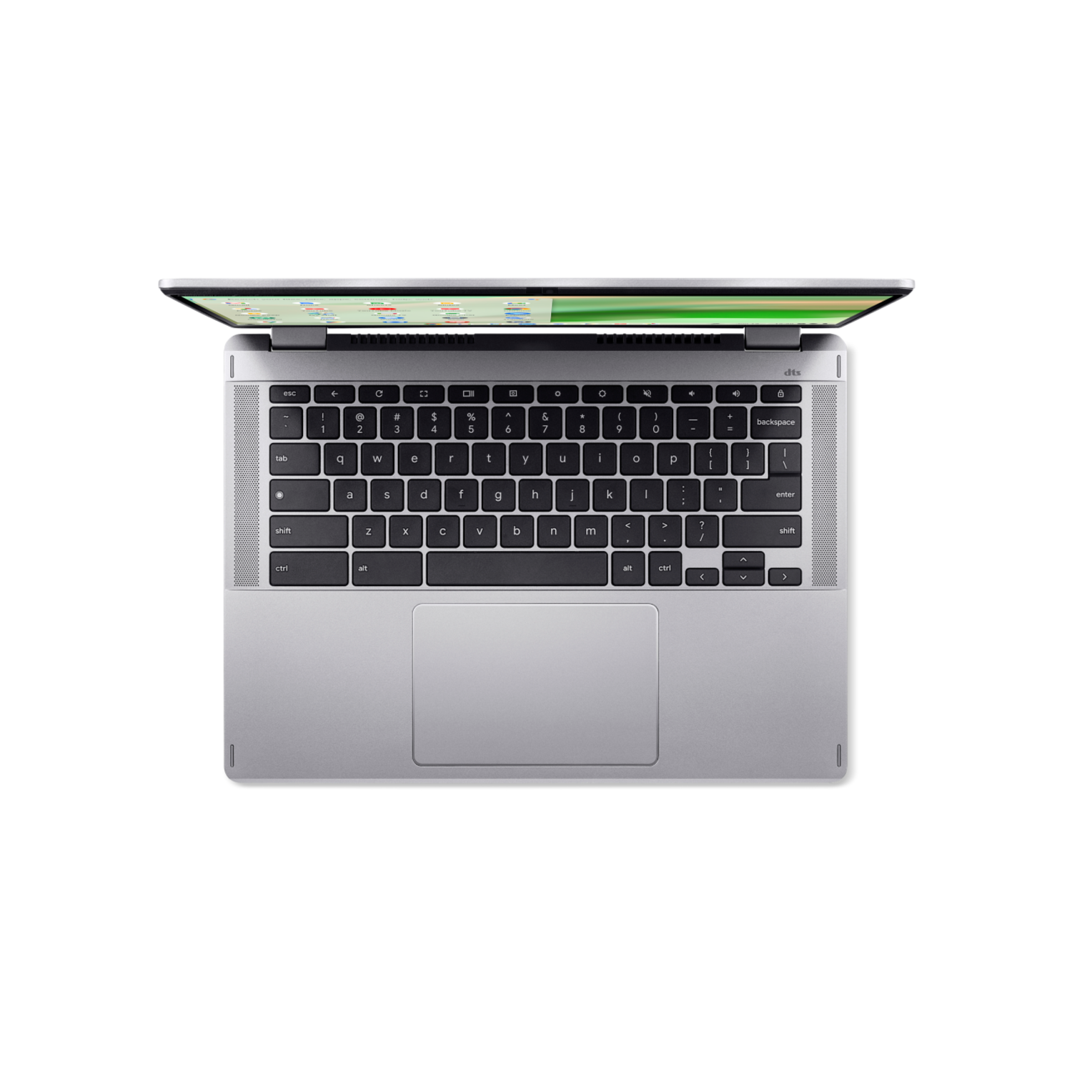 Top-down view of a silver laptop with black keyboard and touchpad on a black background.