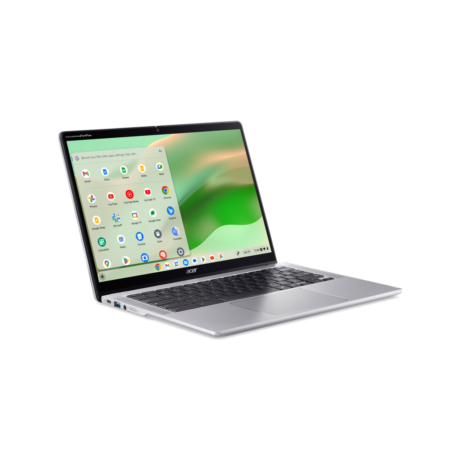 A silver laptop with the screen open, displaying app icons. The Acer logo is on the bottom bezel.