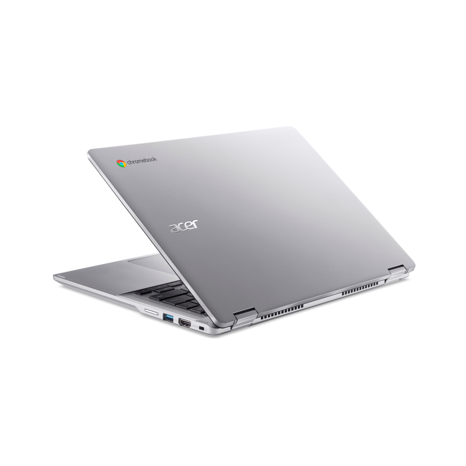 Silver laptop, open with a view of the keyboard.