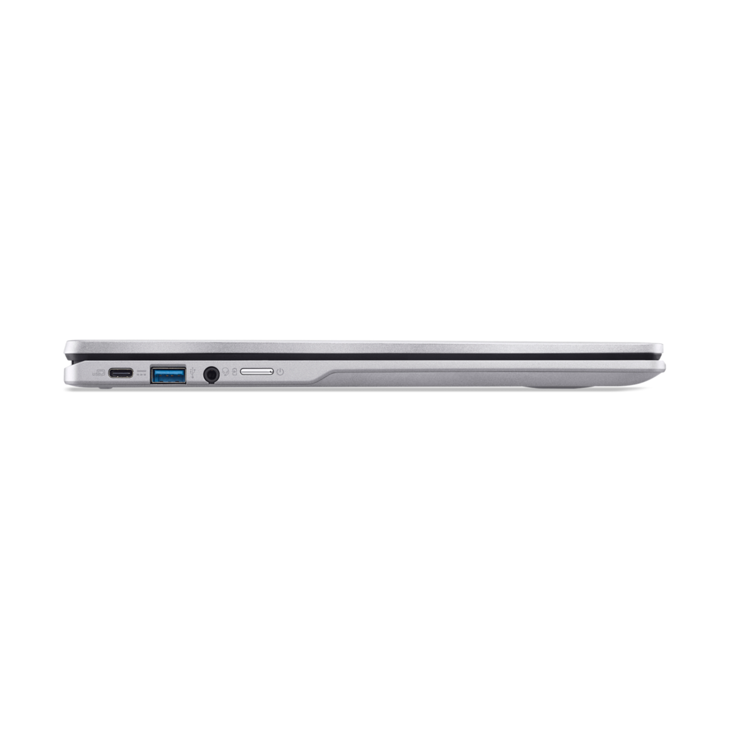 Side view of a silver laptop with various ports, including USB and a headphone jack.