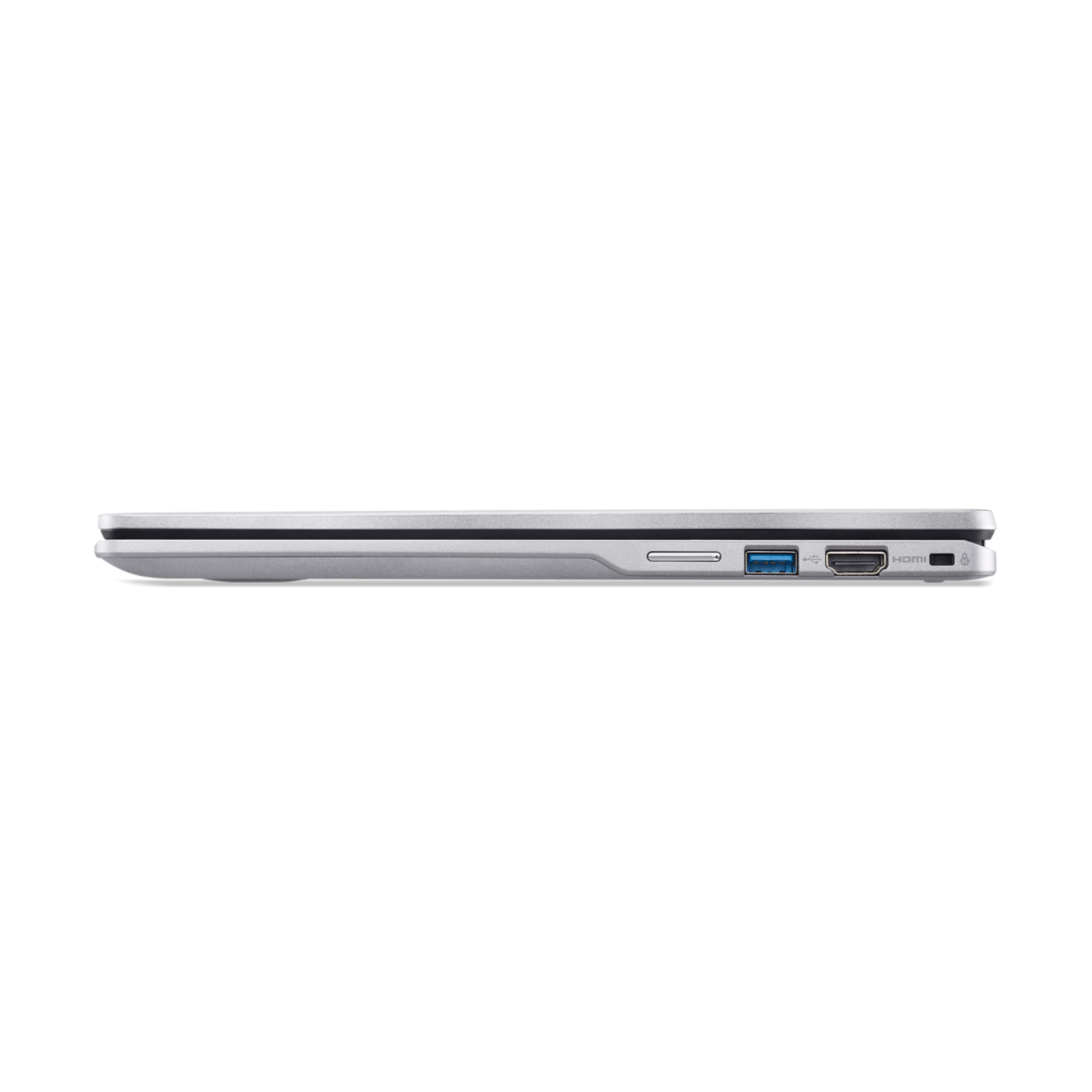 Side view of a silver laptop with various ports and a black background.